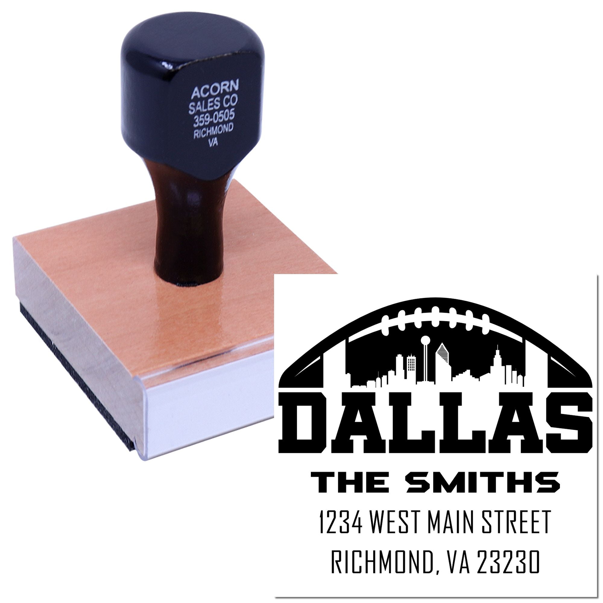 Custom Dallas address rubber stamp with skyline design for The Smiths, showing name, street address, and ZIP code.