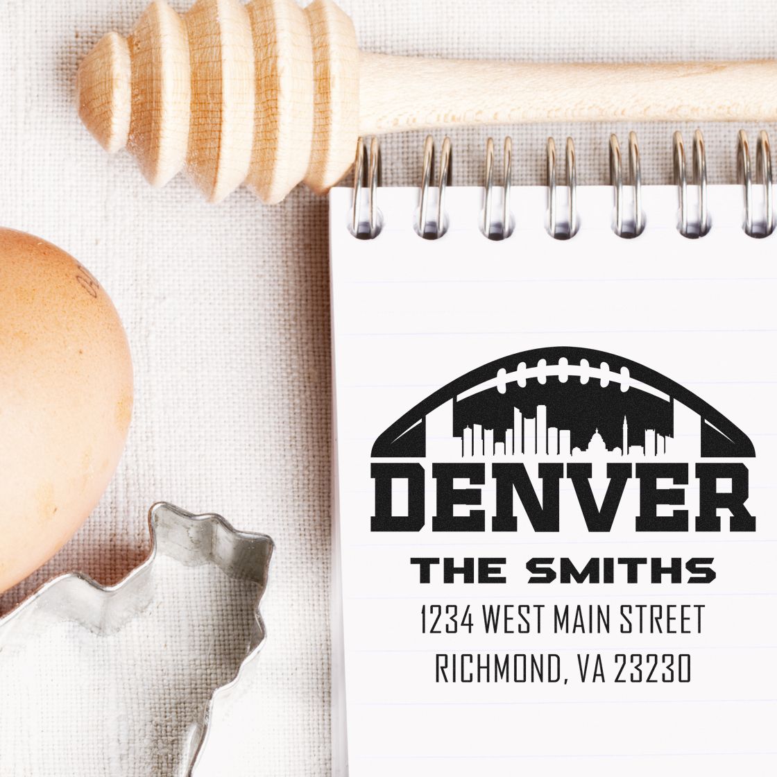 Personalized Denver football custom address stamp with The Smiths' name and Richmond, VA mailing address for envelopes