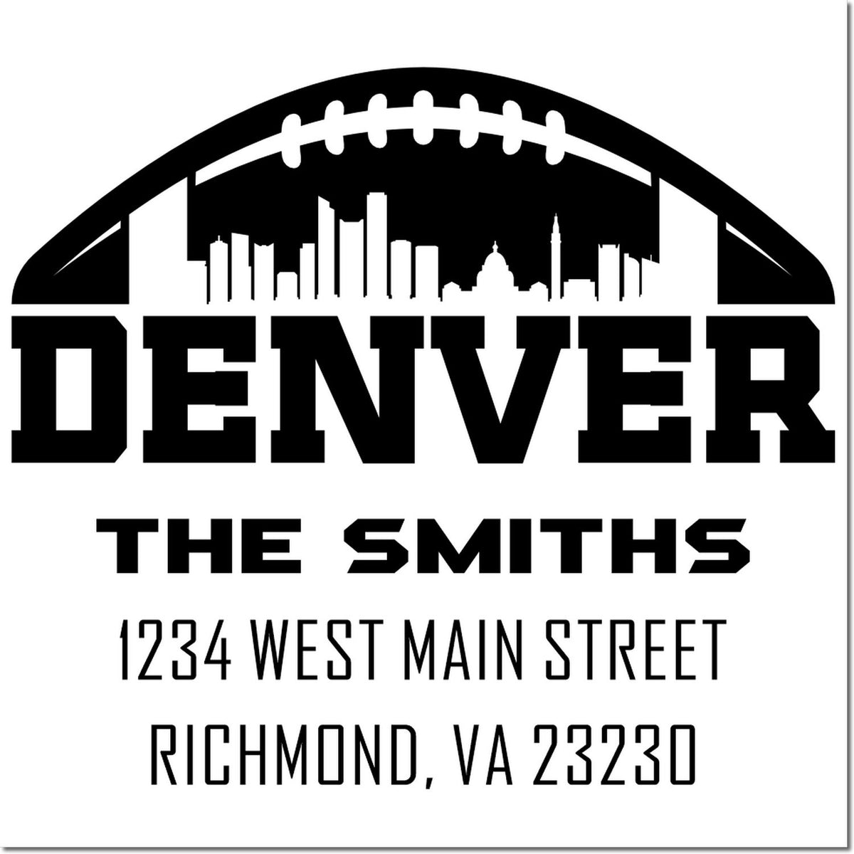 Custom Denver rubber stamp for The Smiths with football skyline and Richmond, VA address for business branding.
