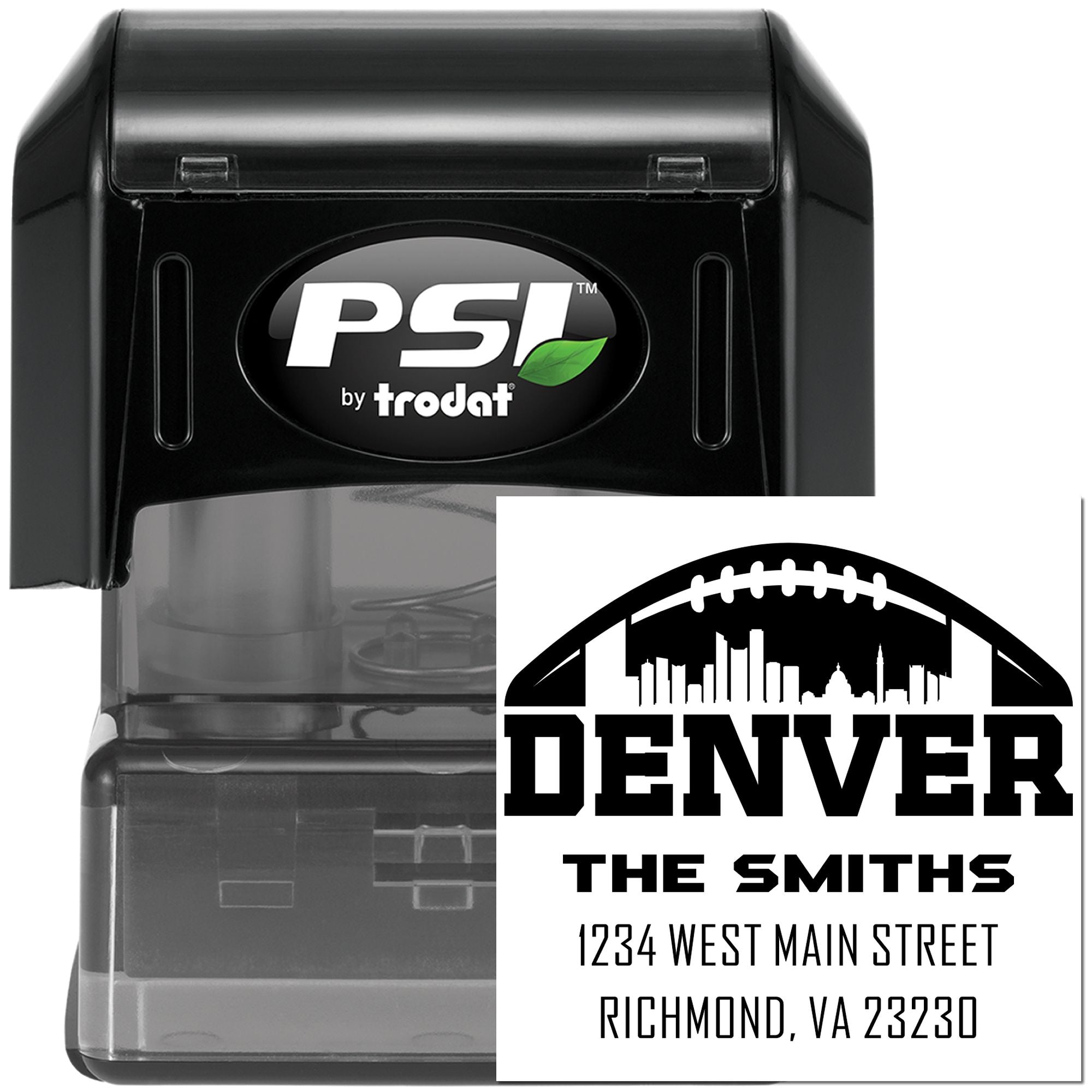 Custom PSI by Trodat self-inking rubber stamp with Denver The Smiths return address and football skyline design.