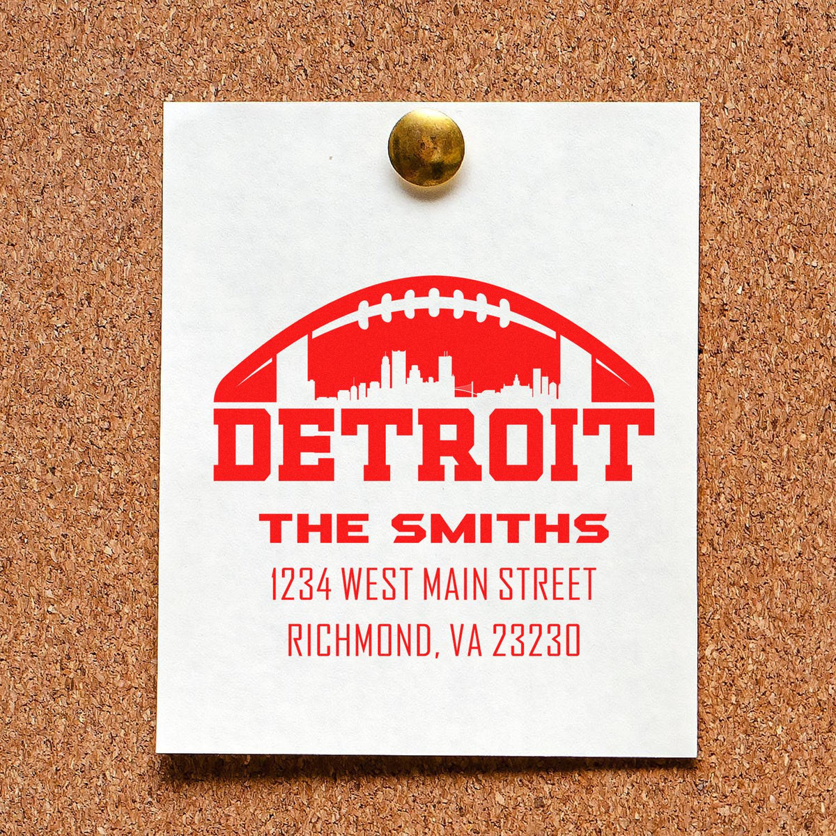 Personalized Detroit football return address rubber stamp for The Smiths with skyline and Richmond, VA address.
