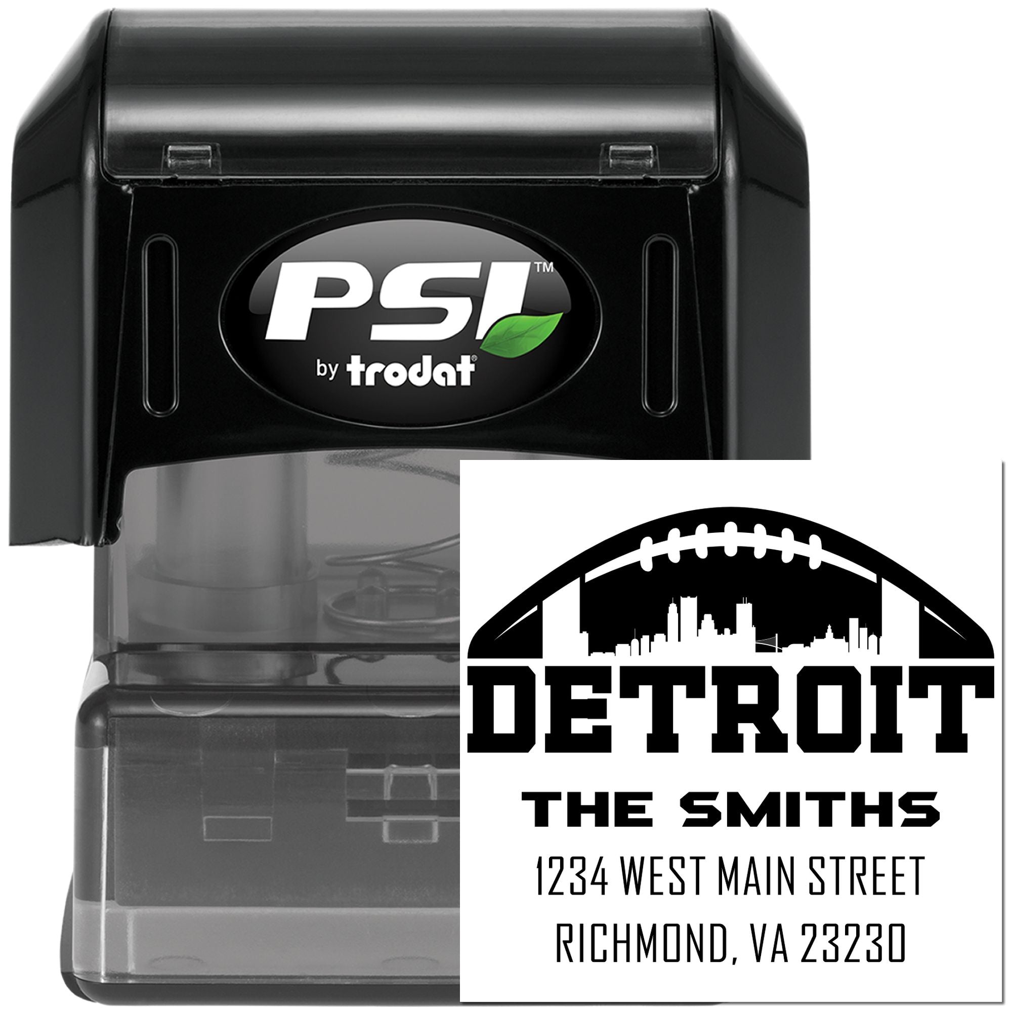 Personalized Detroit self-inking rubber stamp by Trodat PSI with football skyline and The Smiths return address design.