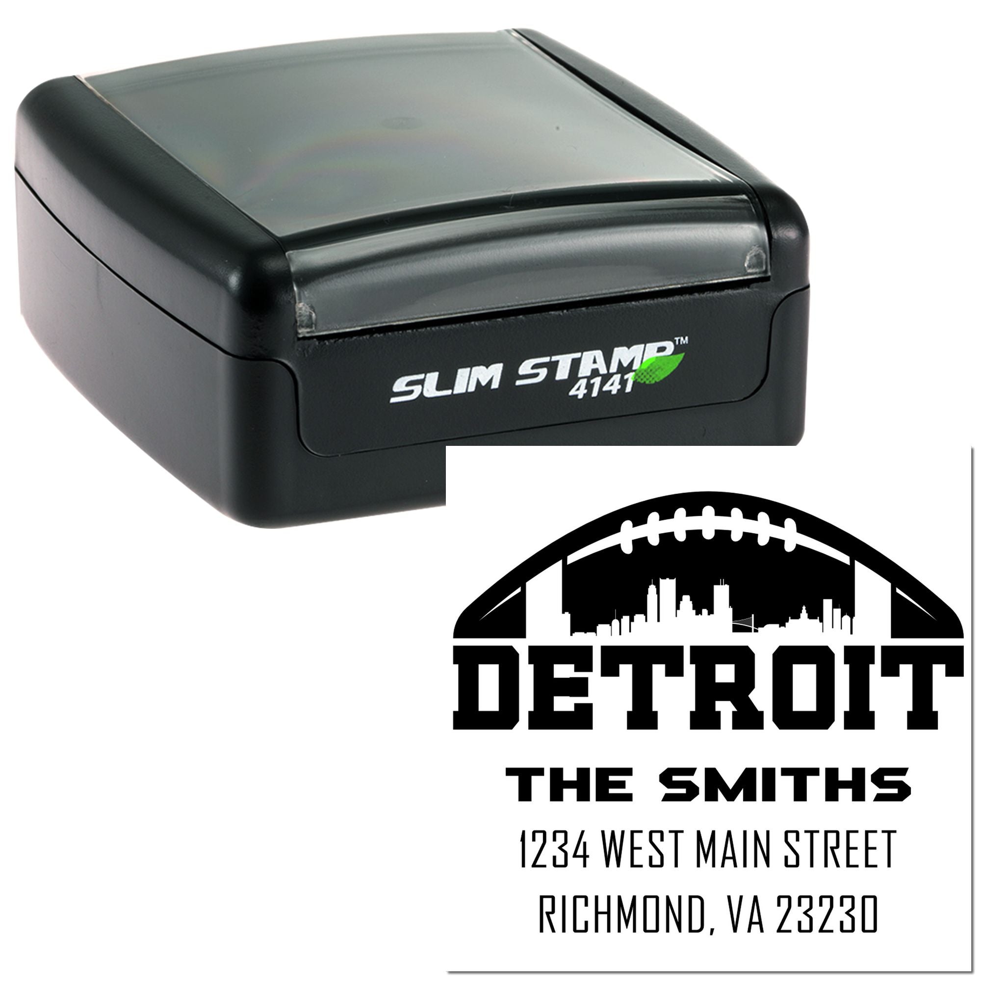 Detroit custom self-inking rubber stamp with football logo and return address design for The Smiths, Richmond VA.