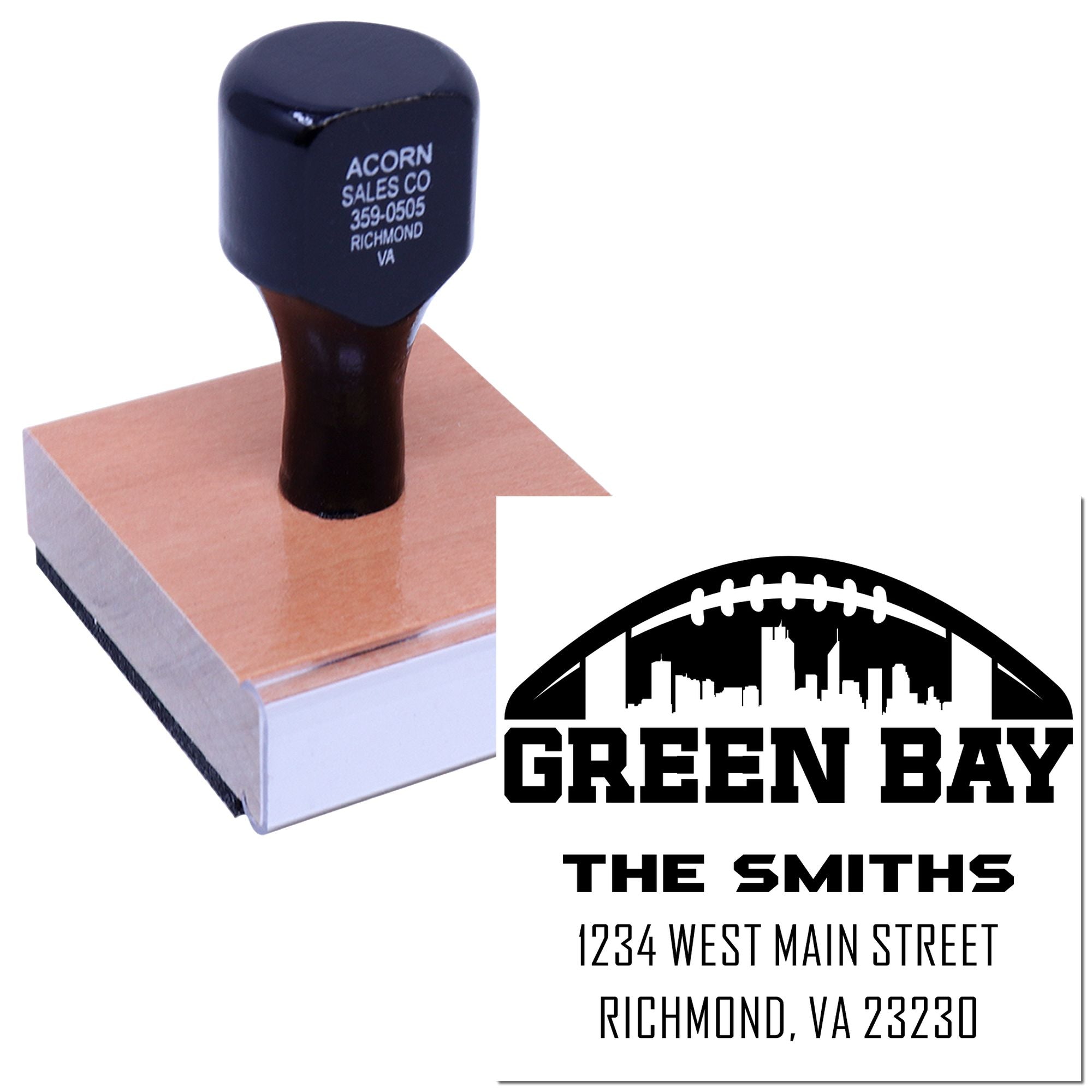 Custom rubber stamp with Green Bay football logo and The Smiths address for personalized branding and mailing