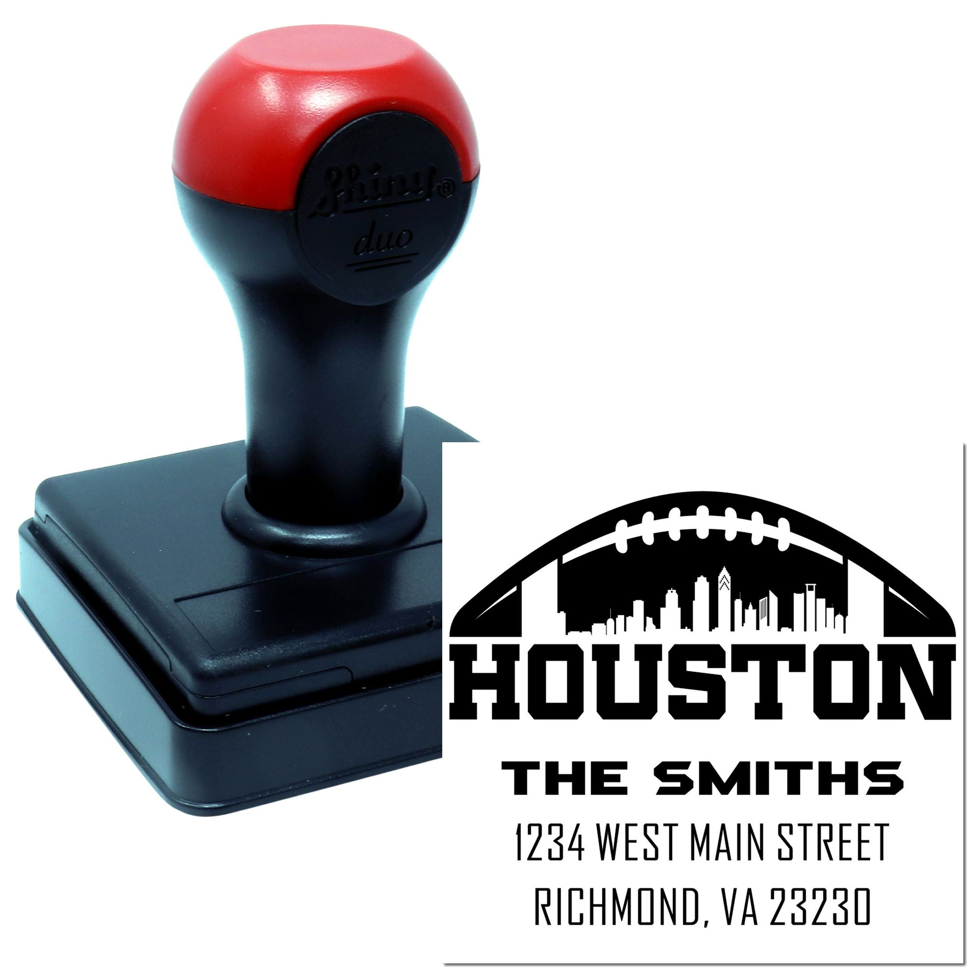 Custom self-inking rubber address stamp with Houston skyline and The Smiths return address