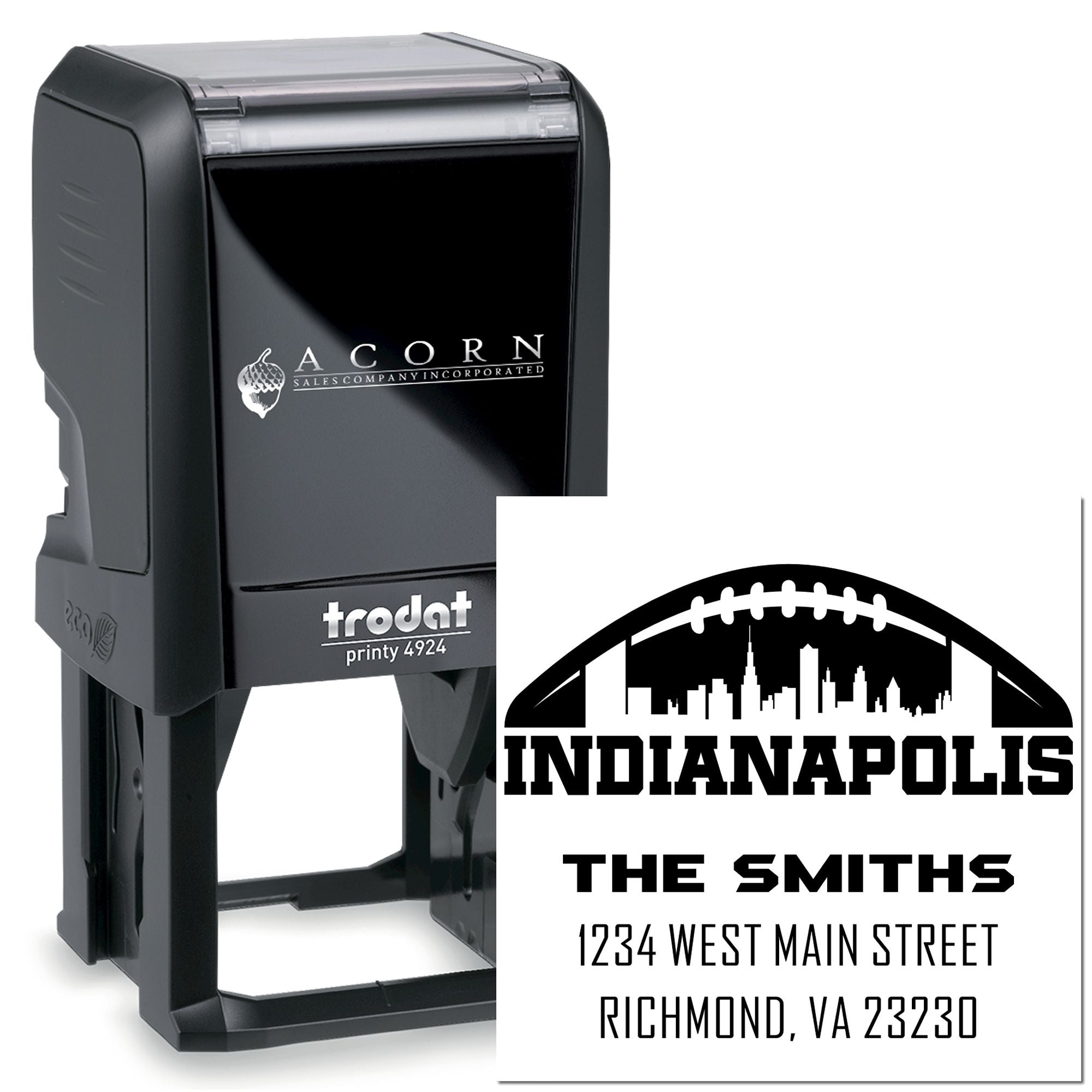 Custom self-inking Trodat rubber stamp with Indianapolis skyline football design and return address for The Smiths.