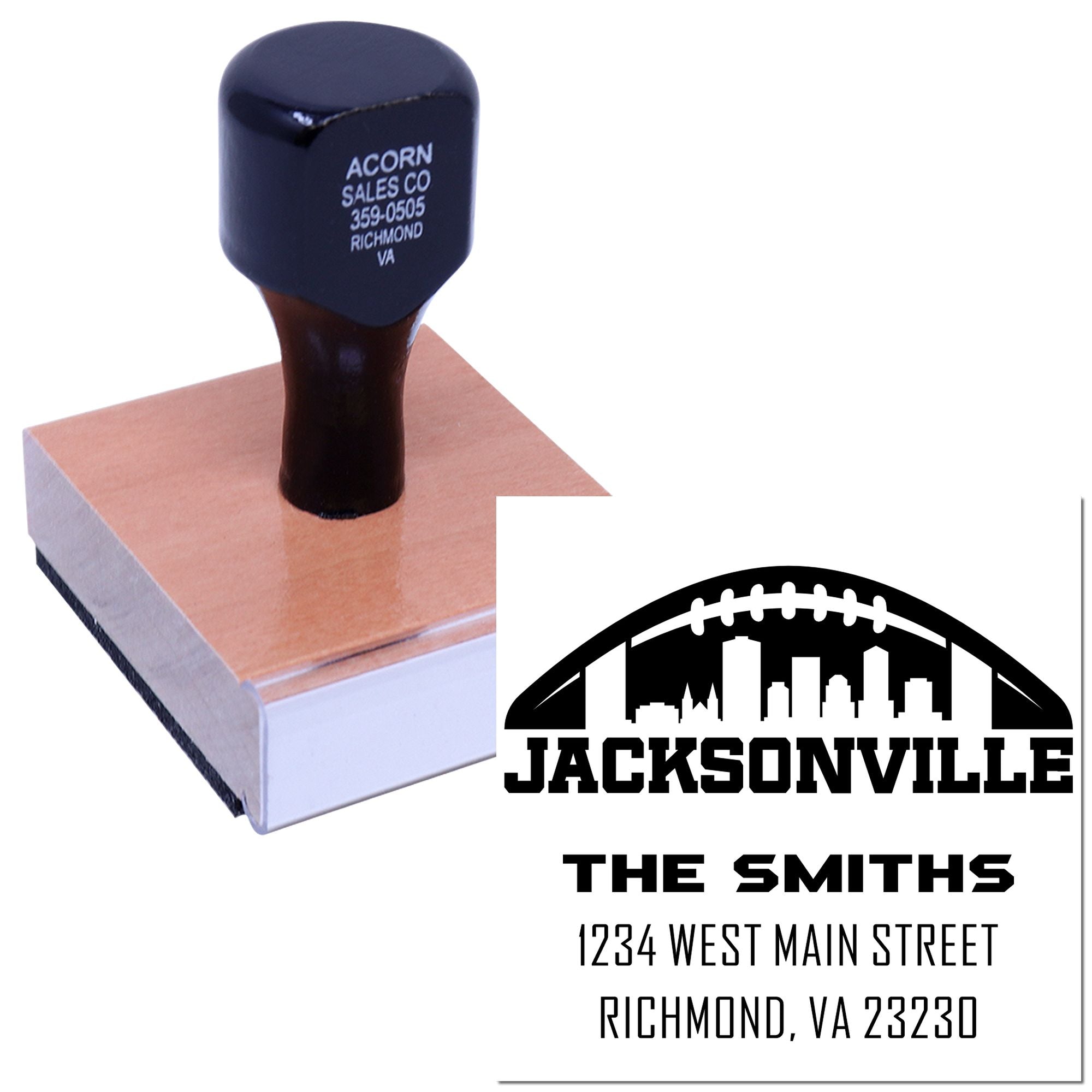 Custom football-themed return address rubber stamp with Jacksonville skyline and The Smiths mailing info.
