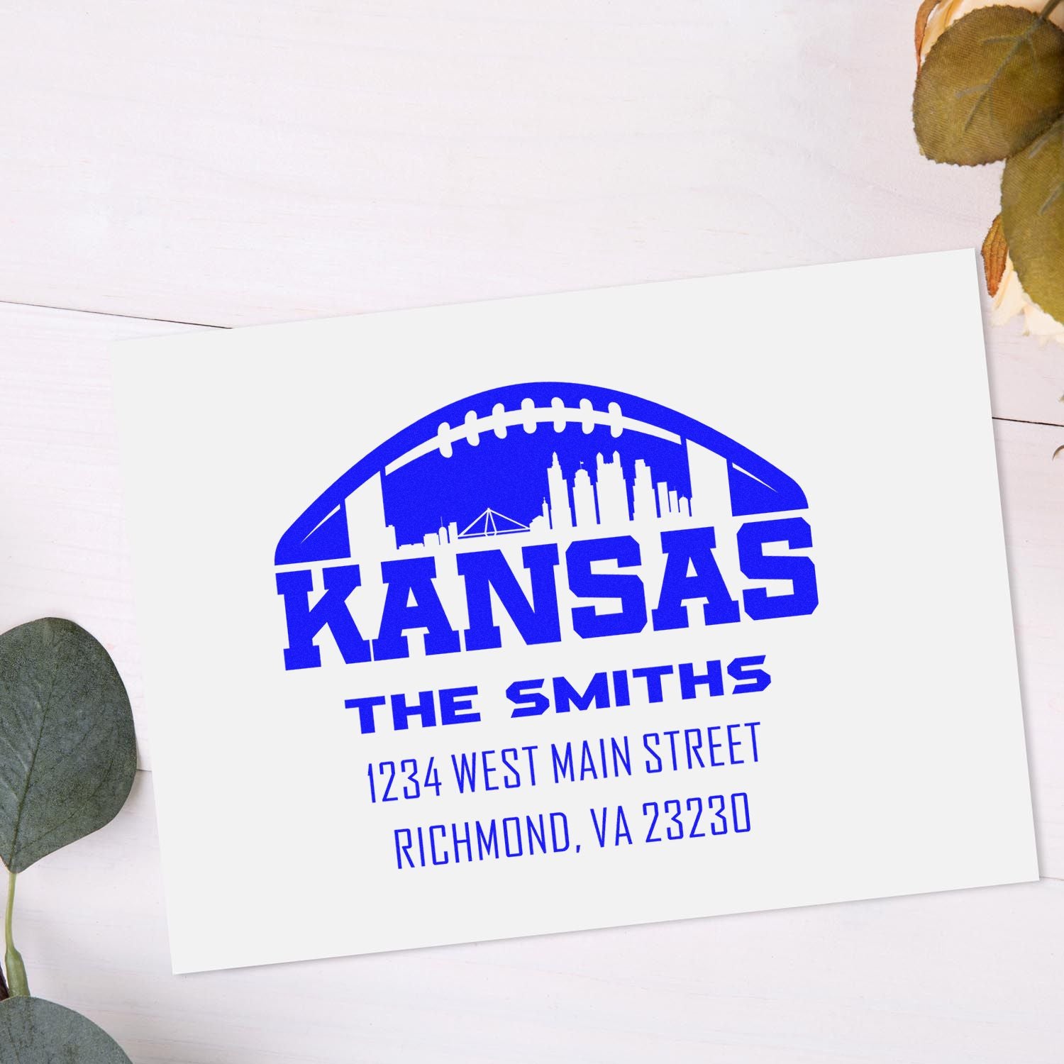 Custom Kansas rubber stamp with football skyline, The Smiths, and return address for personalized mailing.