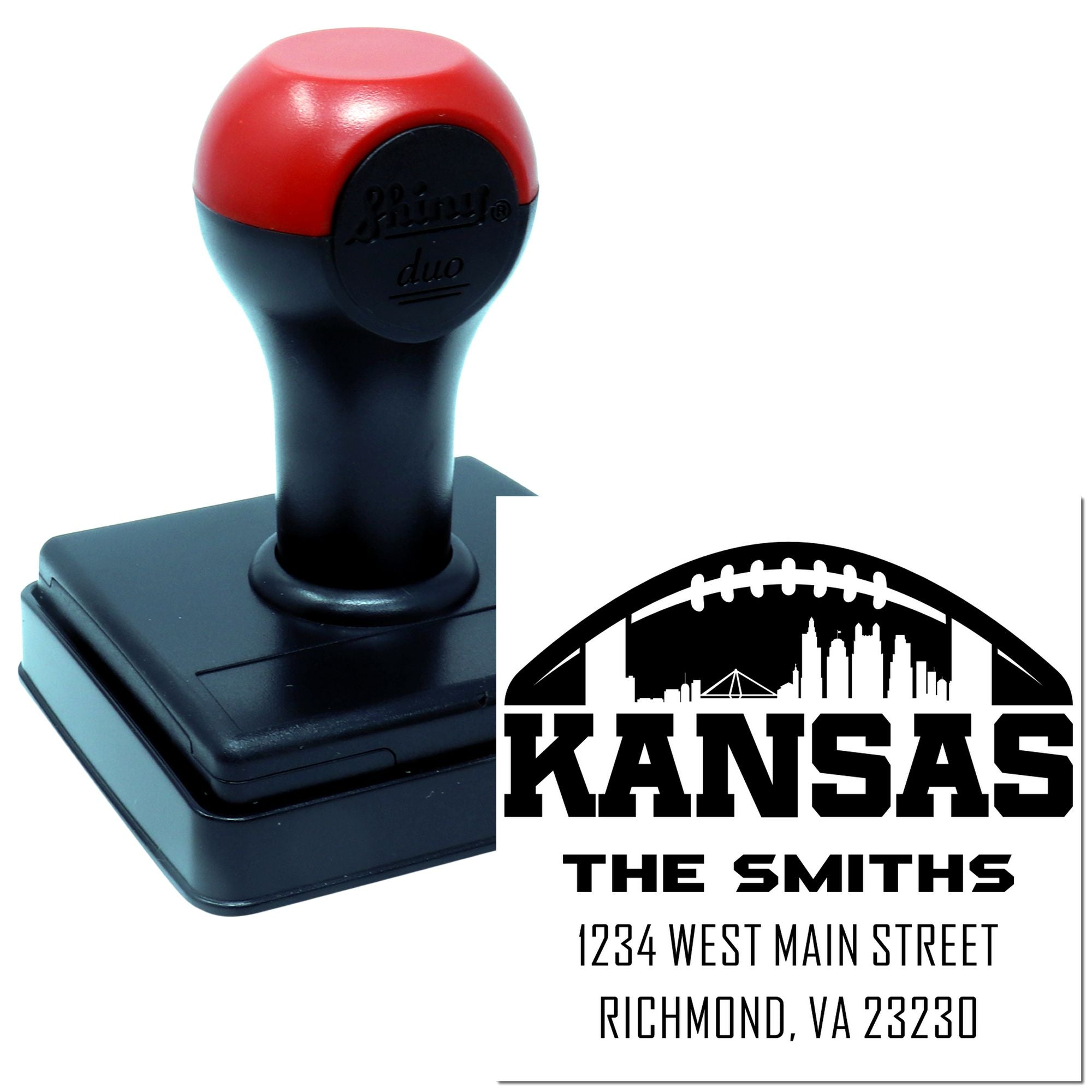 Custom self-inking rubber address stamp with Kansas skyline design for The Smiths return address, 1234 West Main Street, Richmond VA 23230