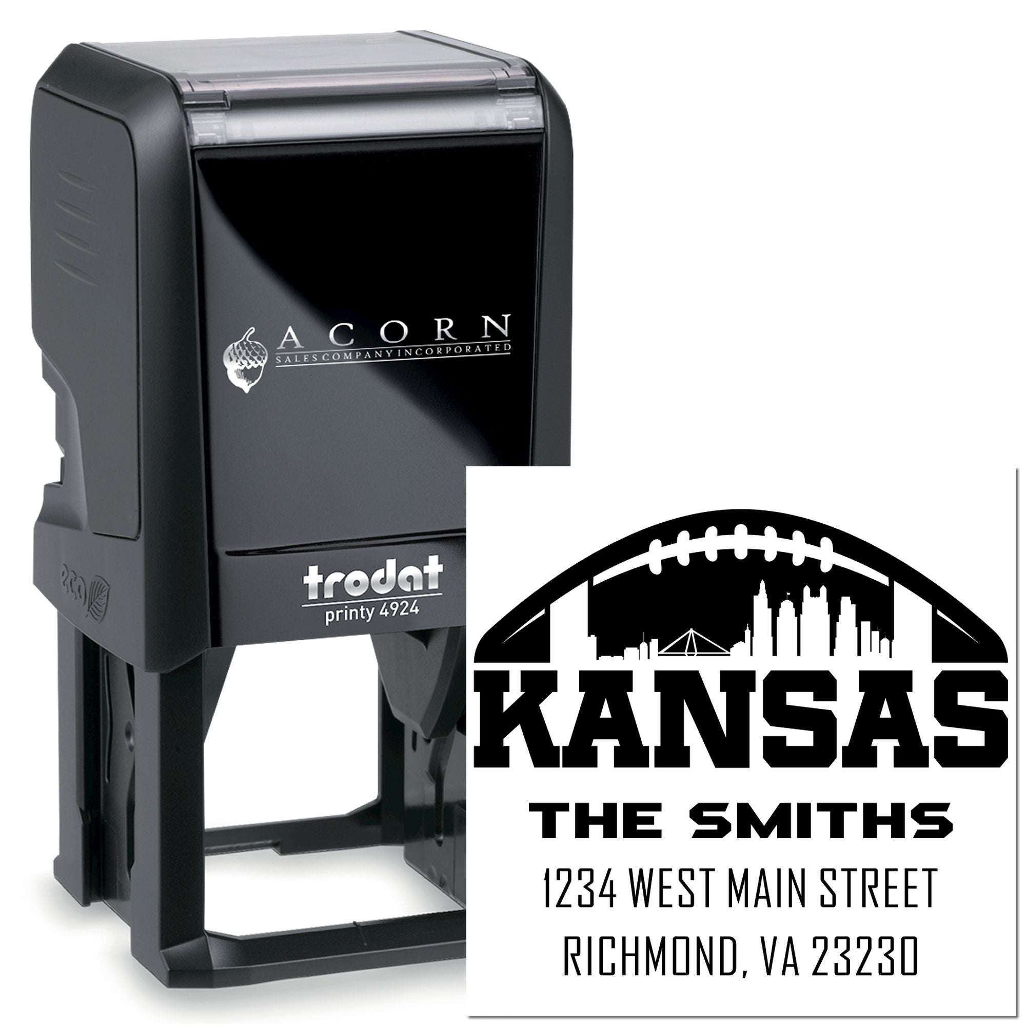 Custom self-inking rubber stamp with Kansas return address design for The Smiths, including skyline and street address.