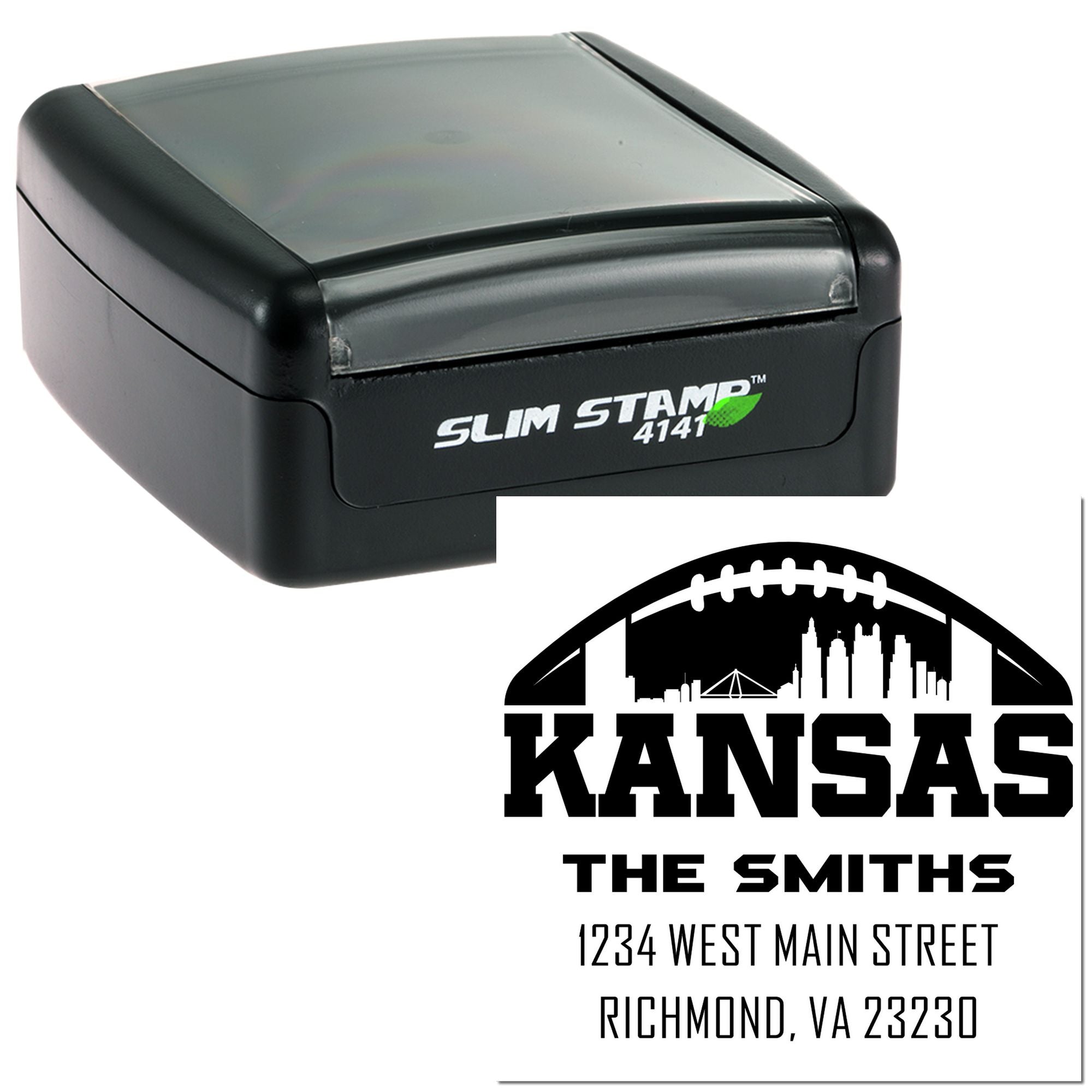 Custom self-inking rubber stamp for Kansas address imprint, featuring family name and mailing address.
