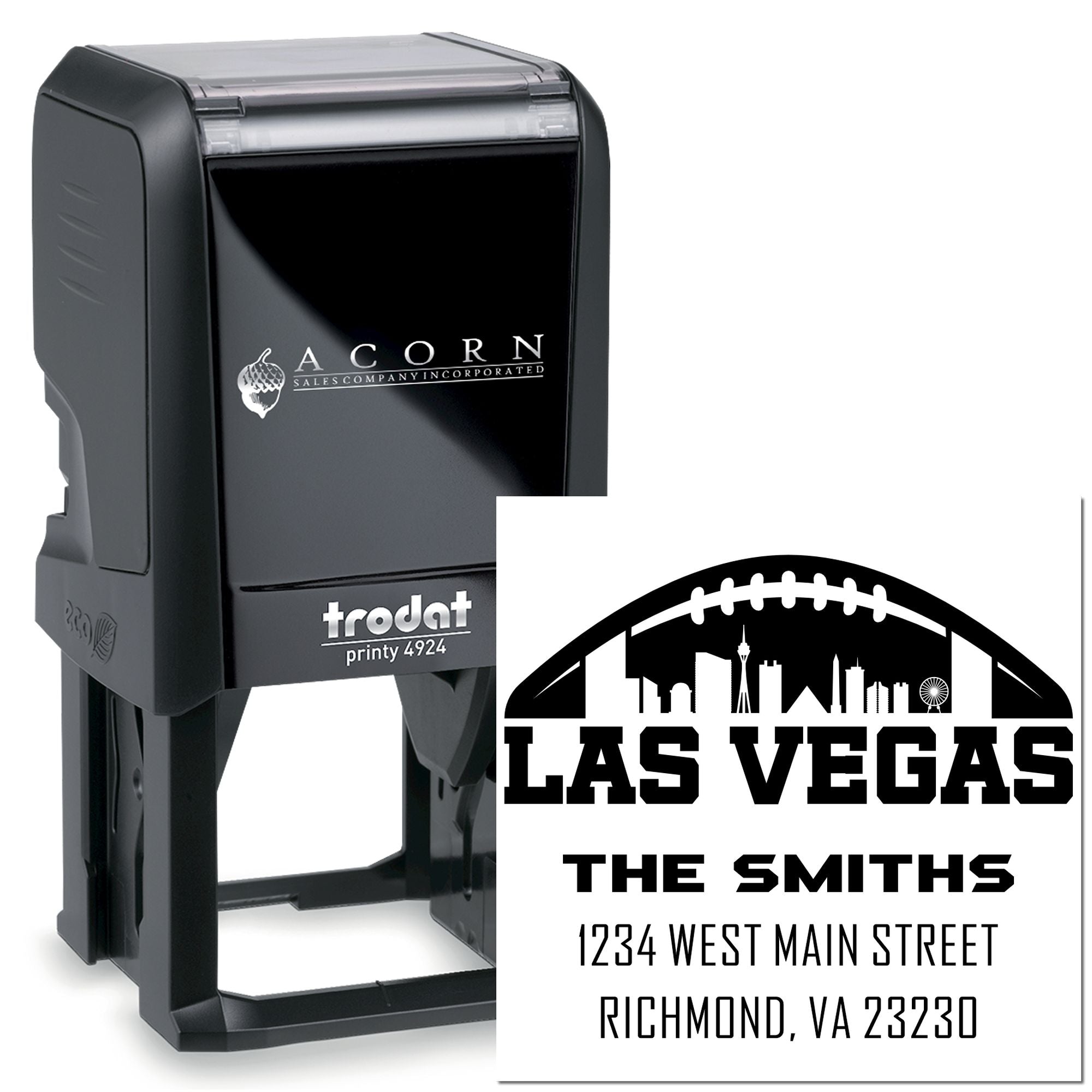 Trodat Printy 4924 custom self-inking rubber stamp with Las Vegas return address design for The Smiths.