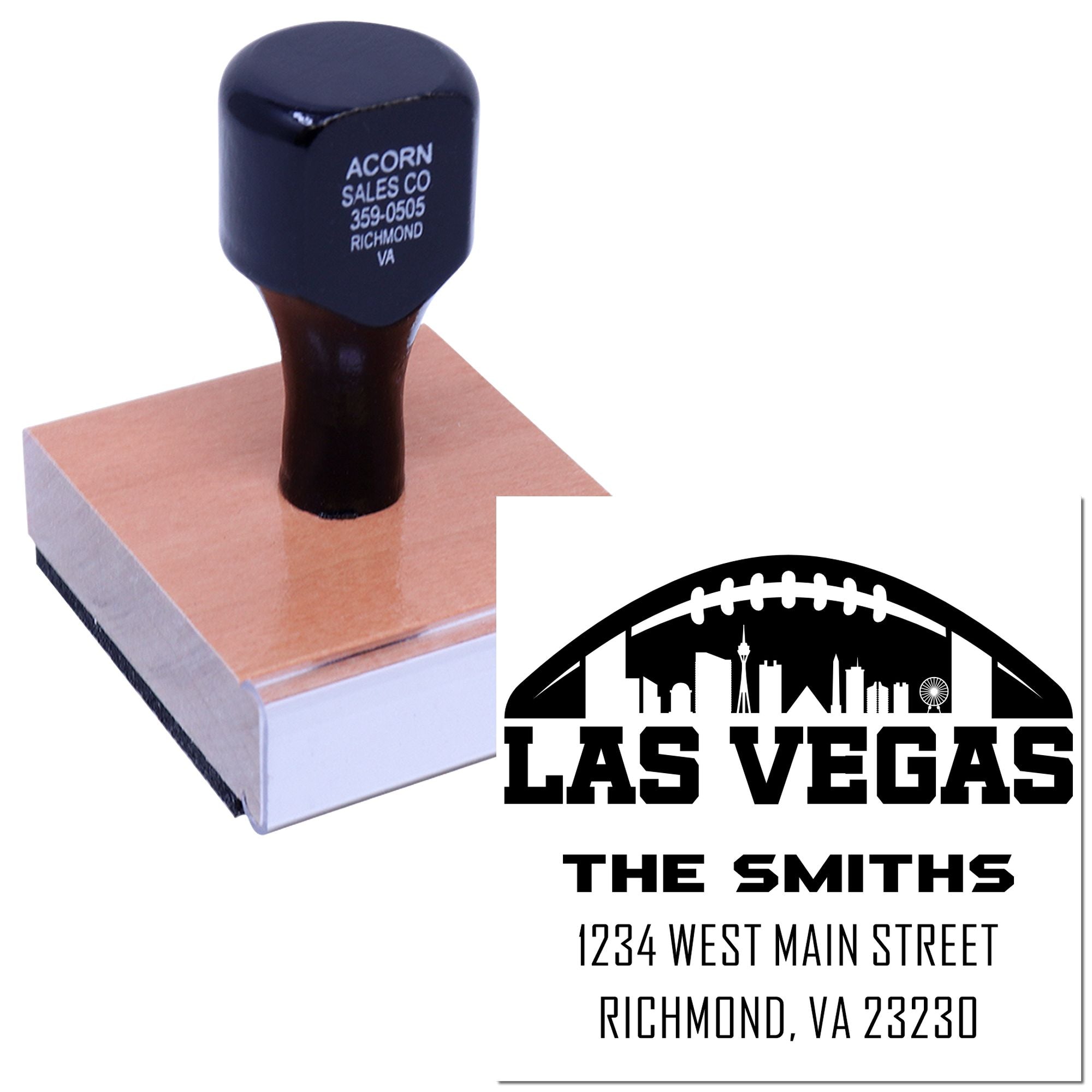 Custom return address rubber stamp with Las Vegas skyline logo for The Smiths, Richmond, VA 23230