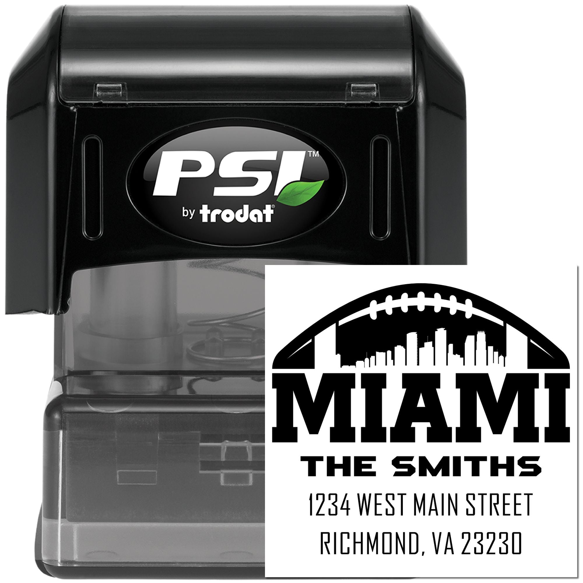 Custom self-inking rubber stamp by PSI Trodat with Miami address design for The Smiths, 1234 West Main Street, Richmond, VA.