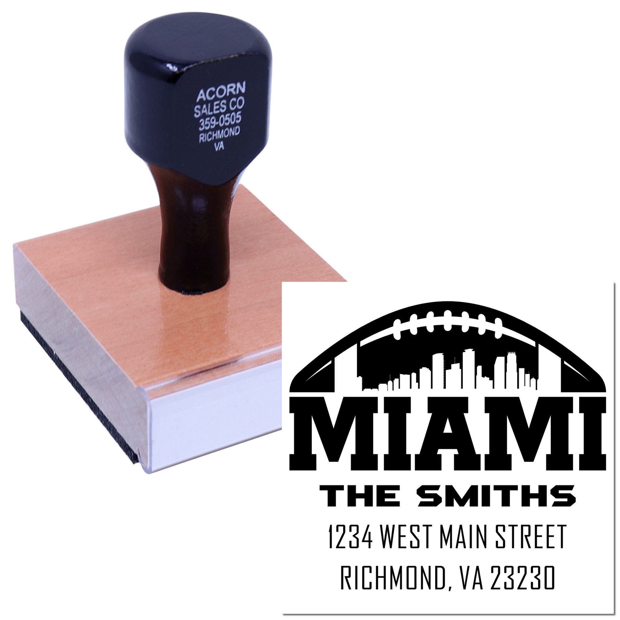 Custom rubber address stamp for The Smiths, featuring Miami football logo and Richmond, VA 23230