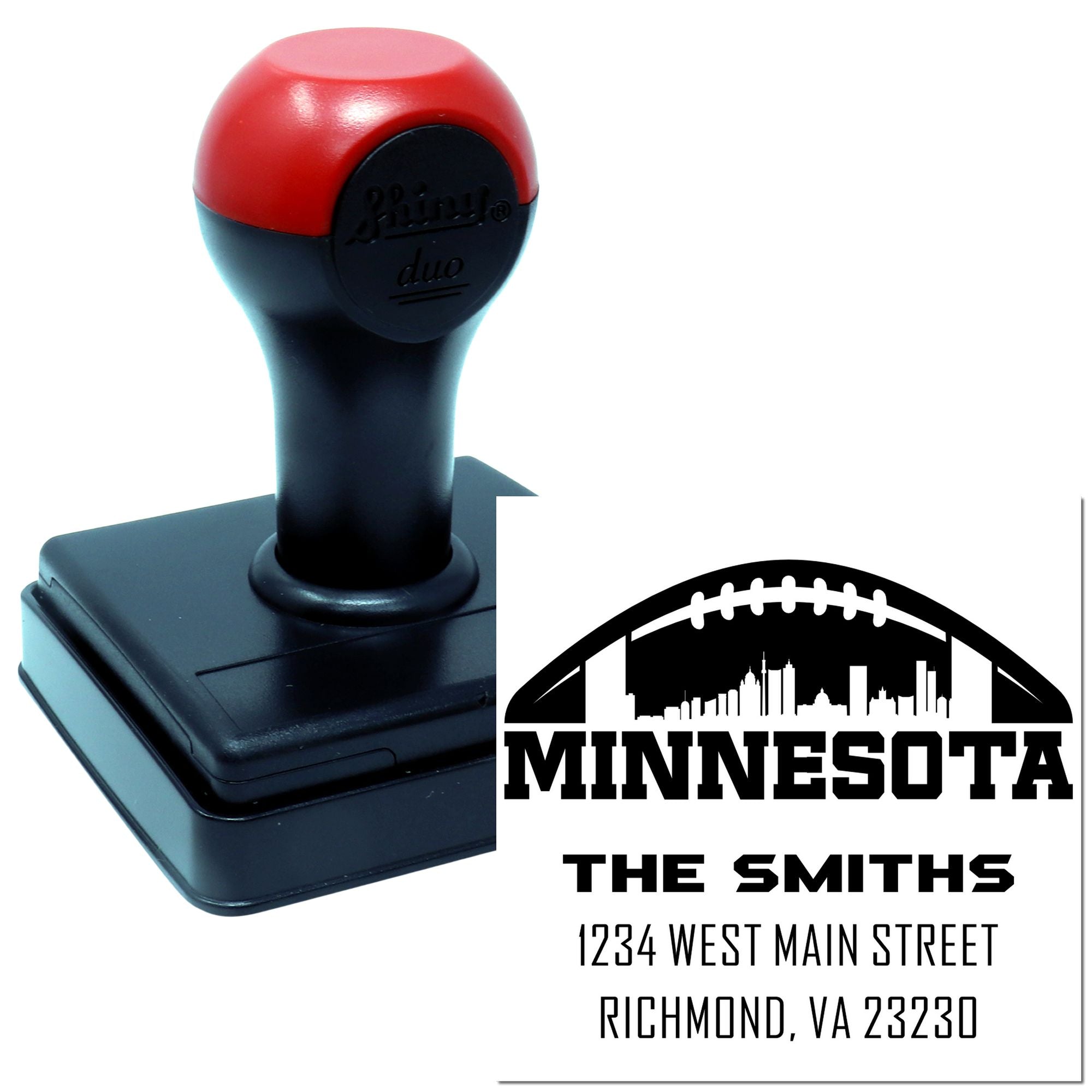 Custom self-inking rubber stamp with Minnesota football logo and personalized return address imprint.