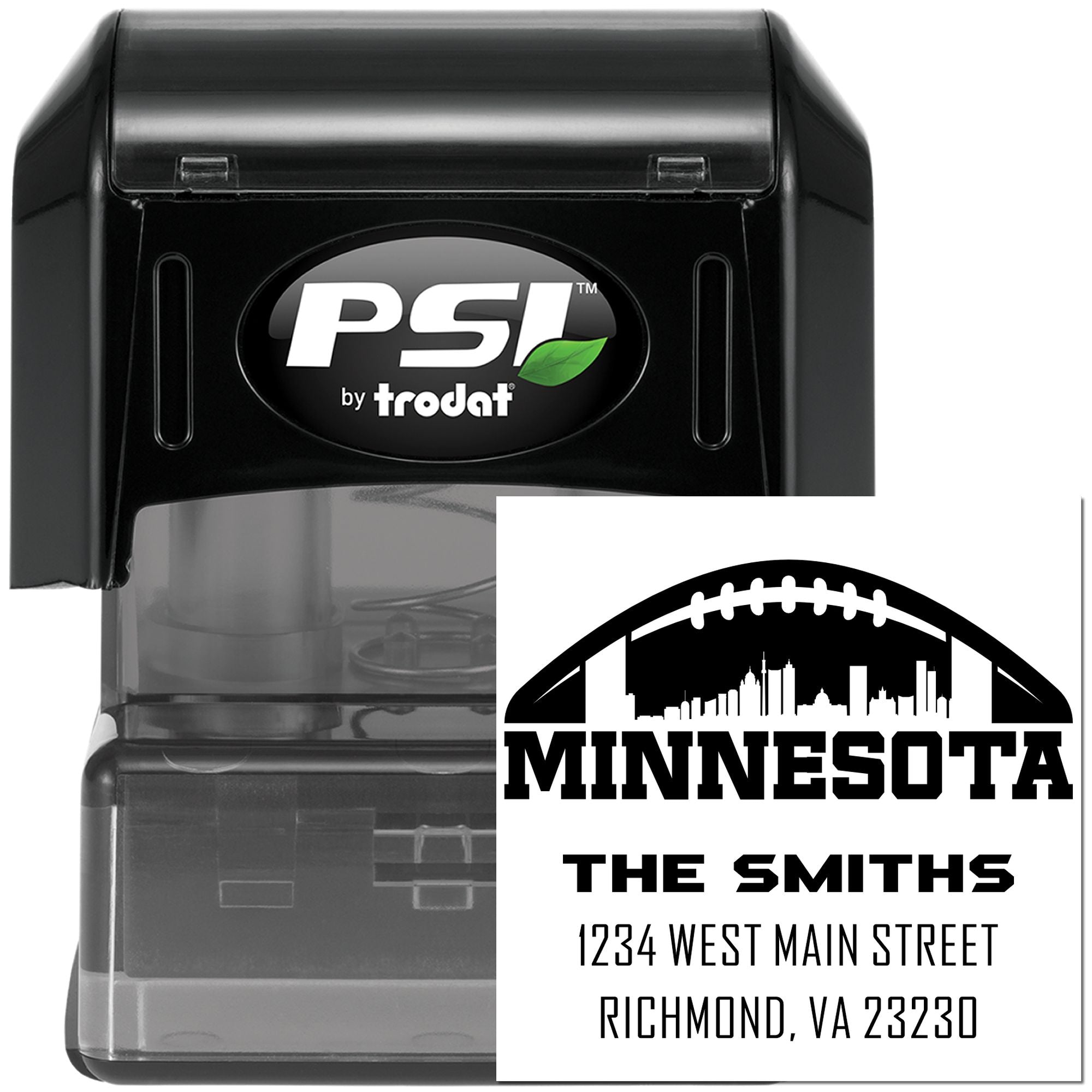 Custom self-inking rubber address stamp with Minnesota football design for The Smiths, by PSI by Trodat.