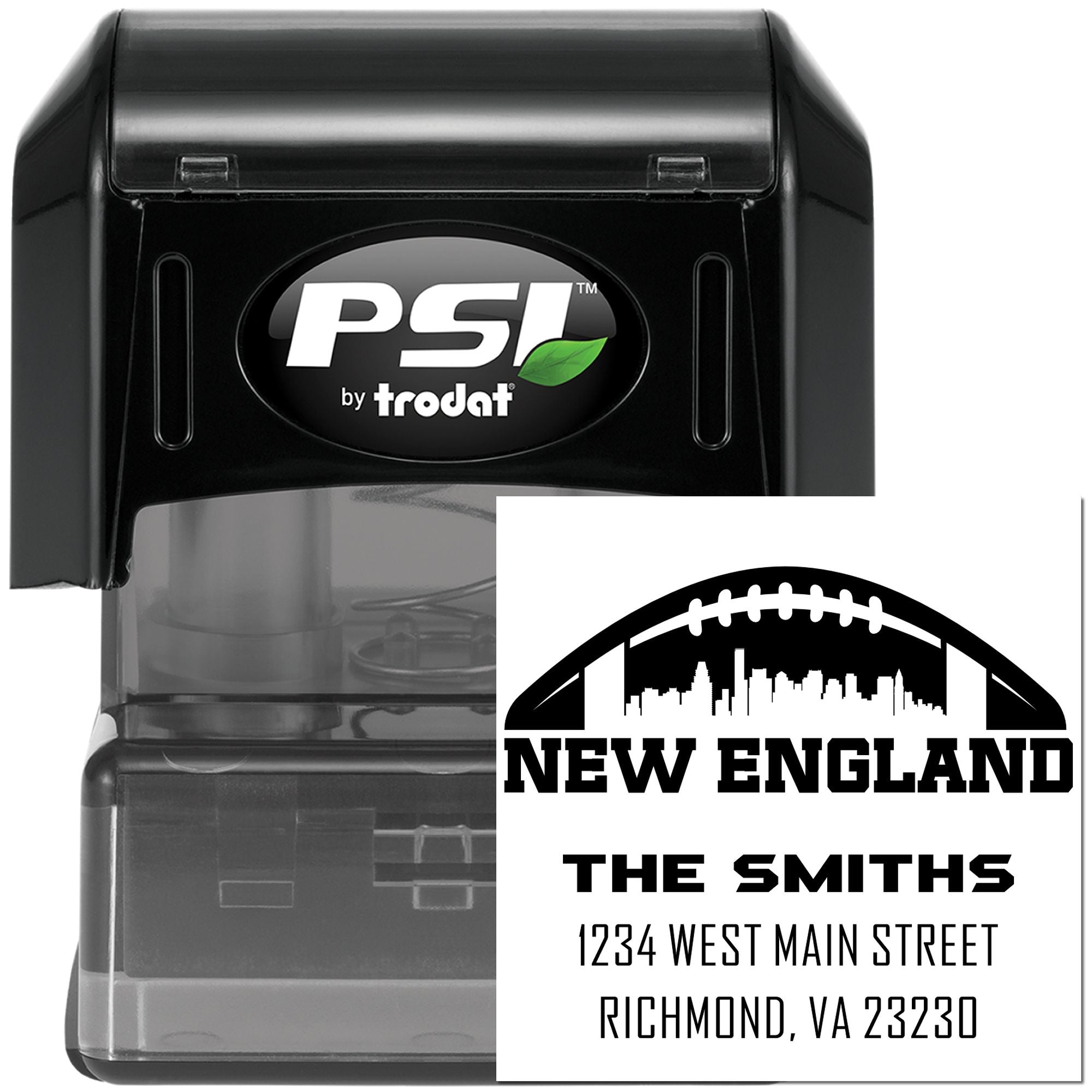 Custom self-inking rubber stamp with New England The Smiths football address design, PSI by Trodat.