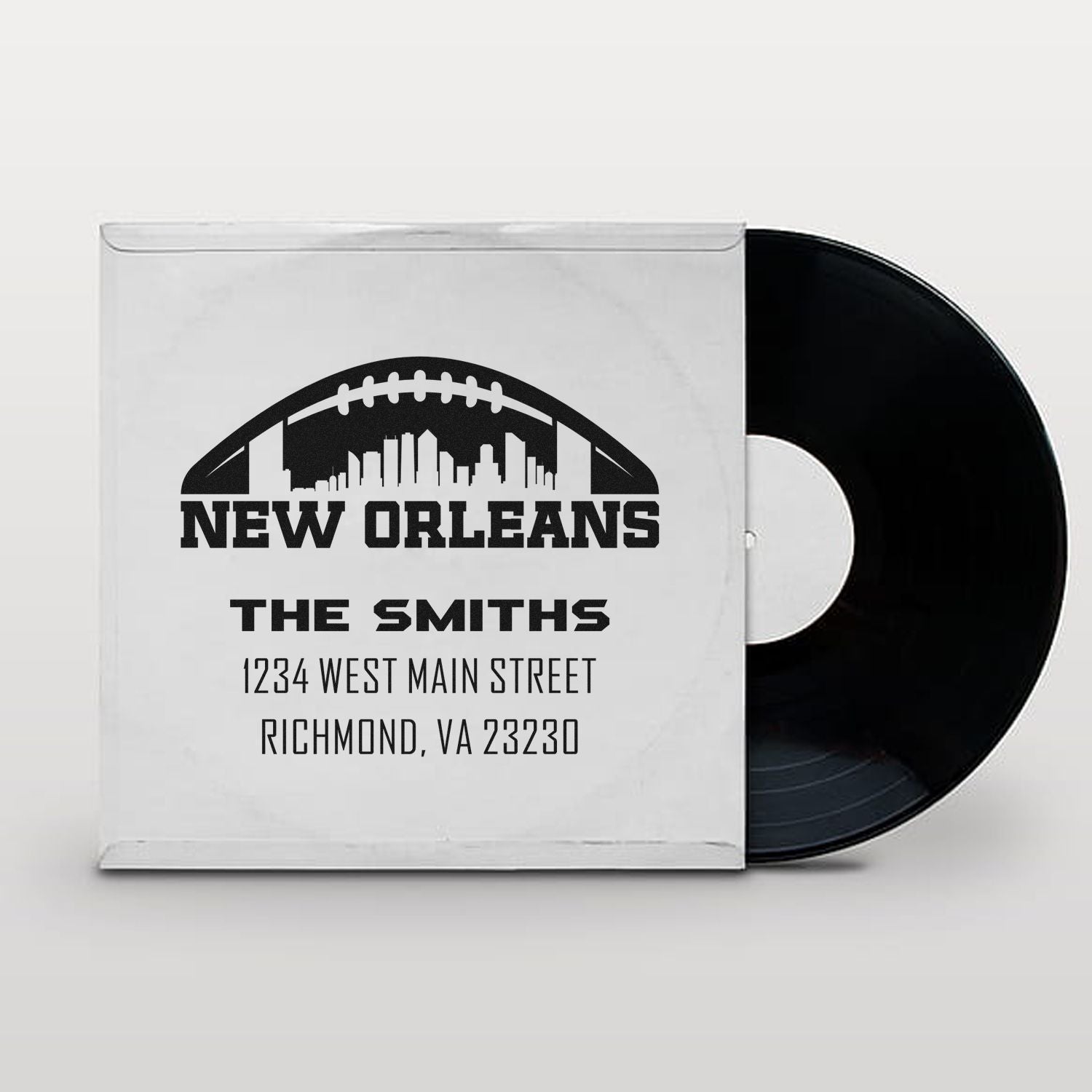 Custom New Orleans football skyline return address rubber stamp for The Smiths with mailing address