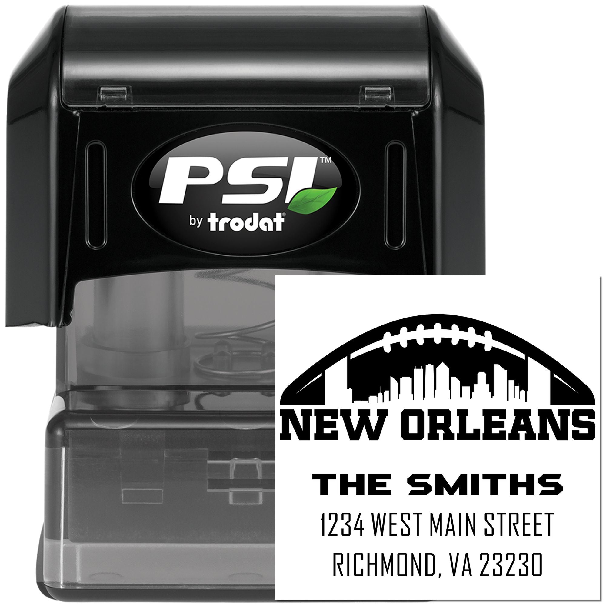 PSI by Trodat custom self-inking rubber address stamp for The Smiths, New Orleans design, Richmond, VA 23230.