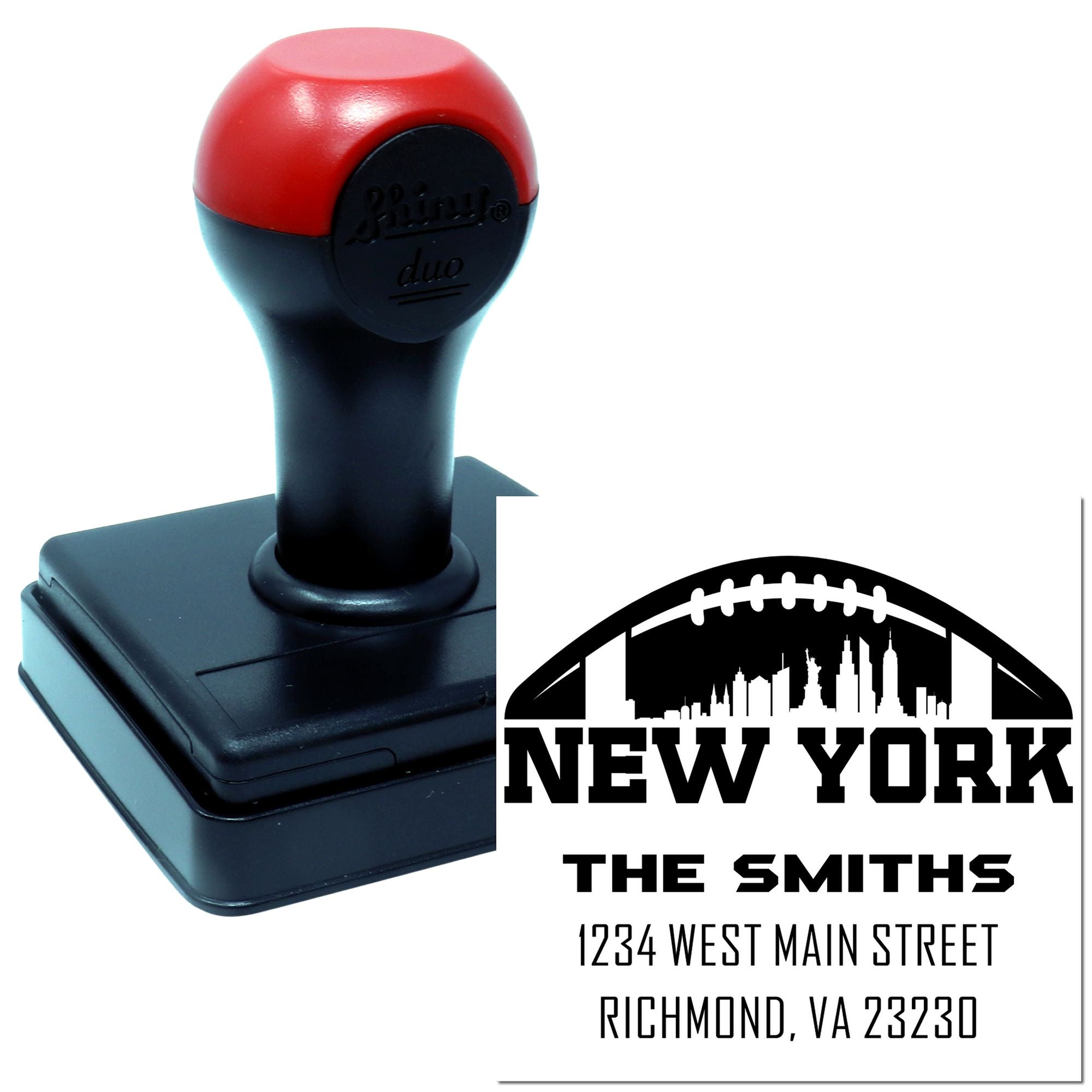Custom self-inking rubber stamp with New York skyline and return address for personalized mailing labels.
