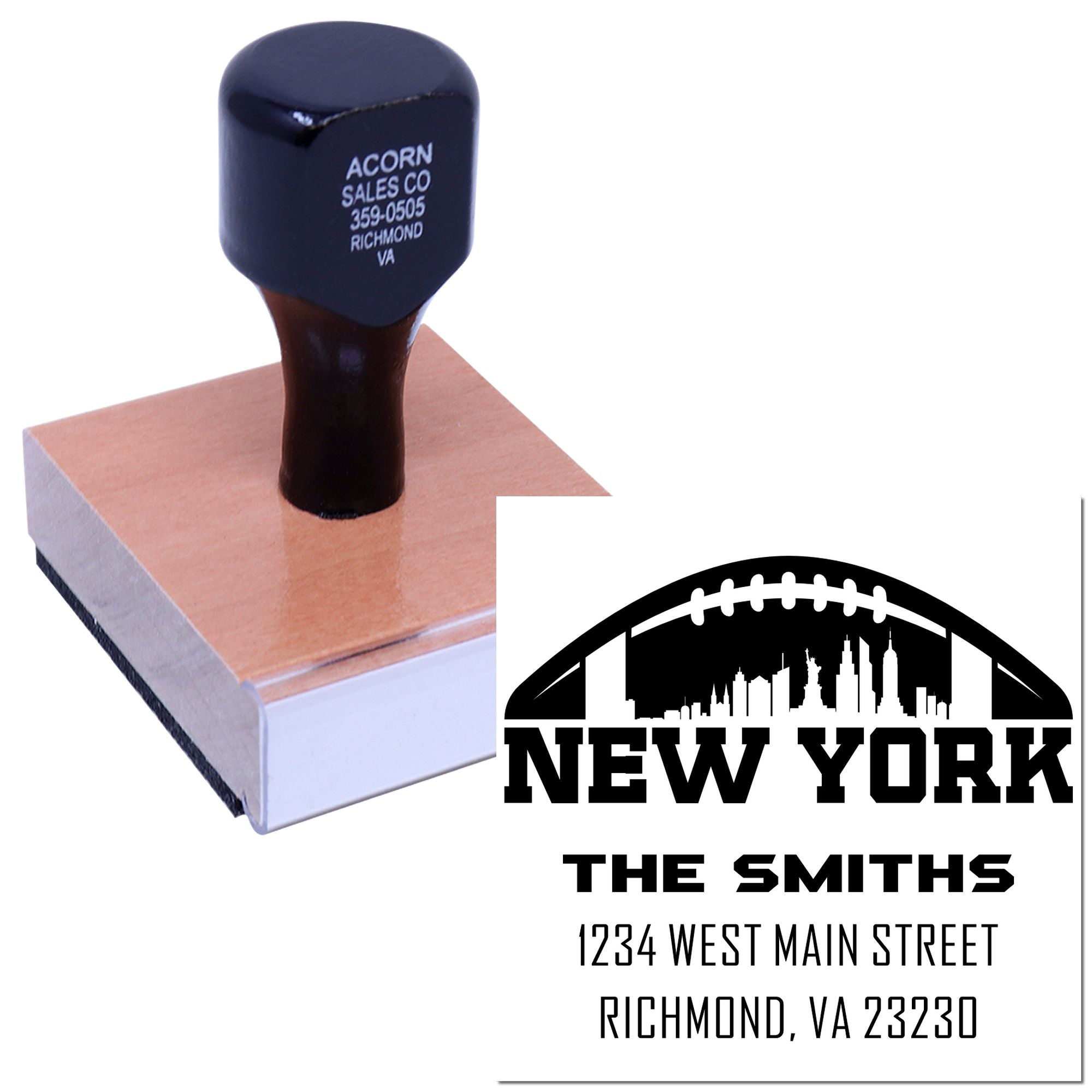 Custom rubber stamp with New York football skyline and address imprint for The Smiths, Richmond VA.