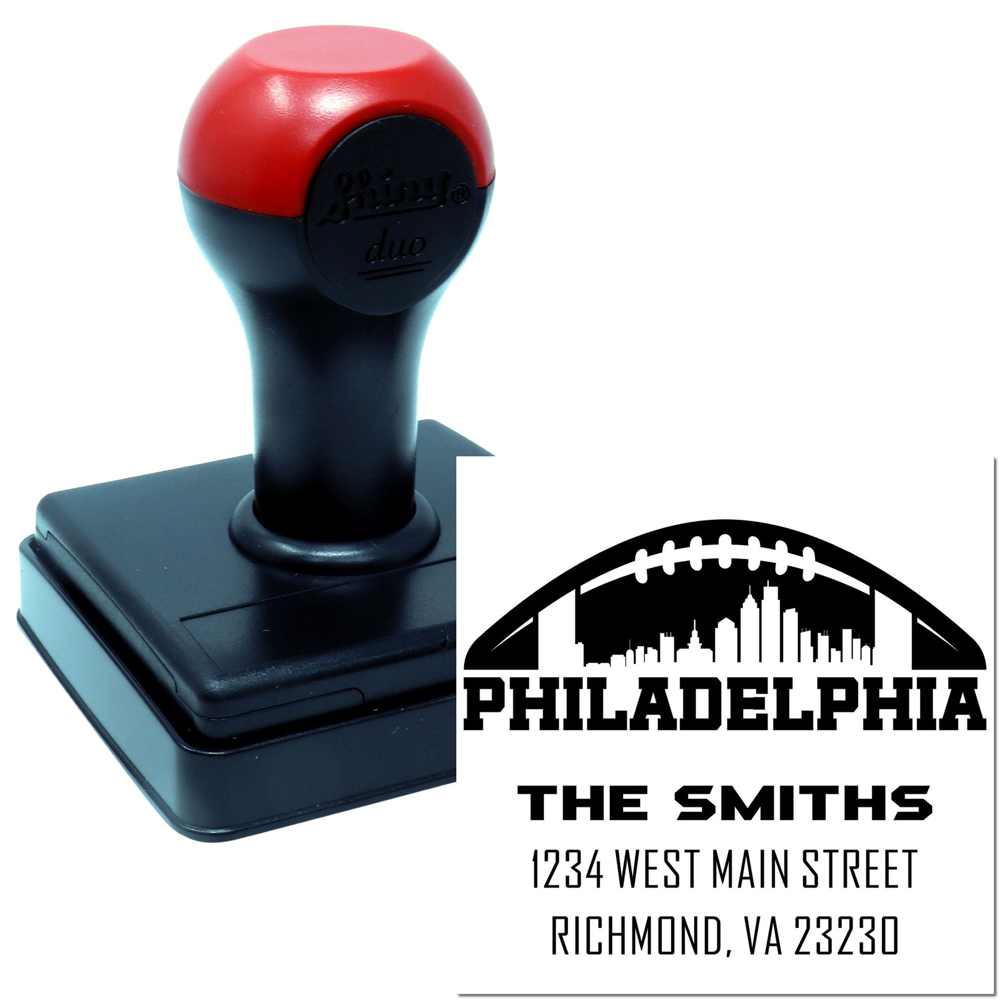 Custom self-inking rubber stamp with Philadelphia football skyline and The Smiths return address, 1234 West Main Street.