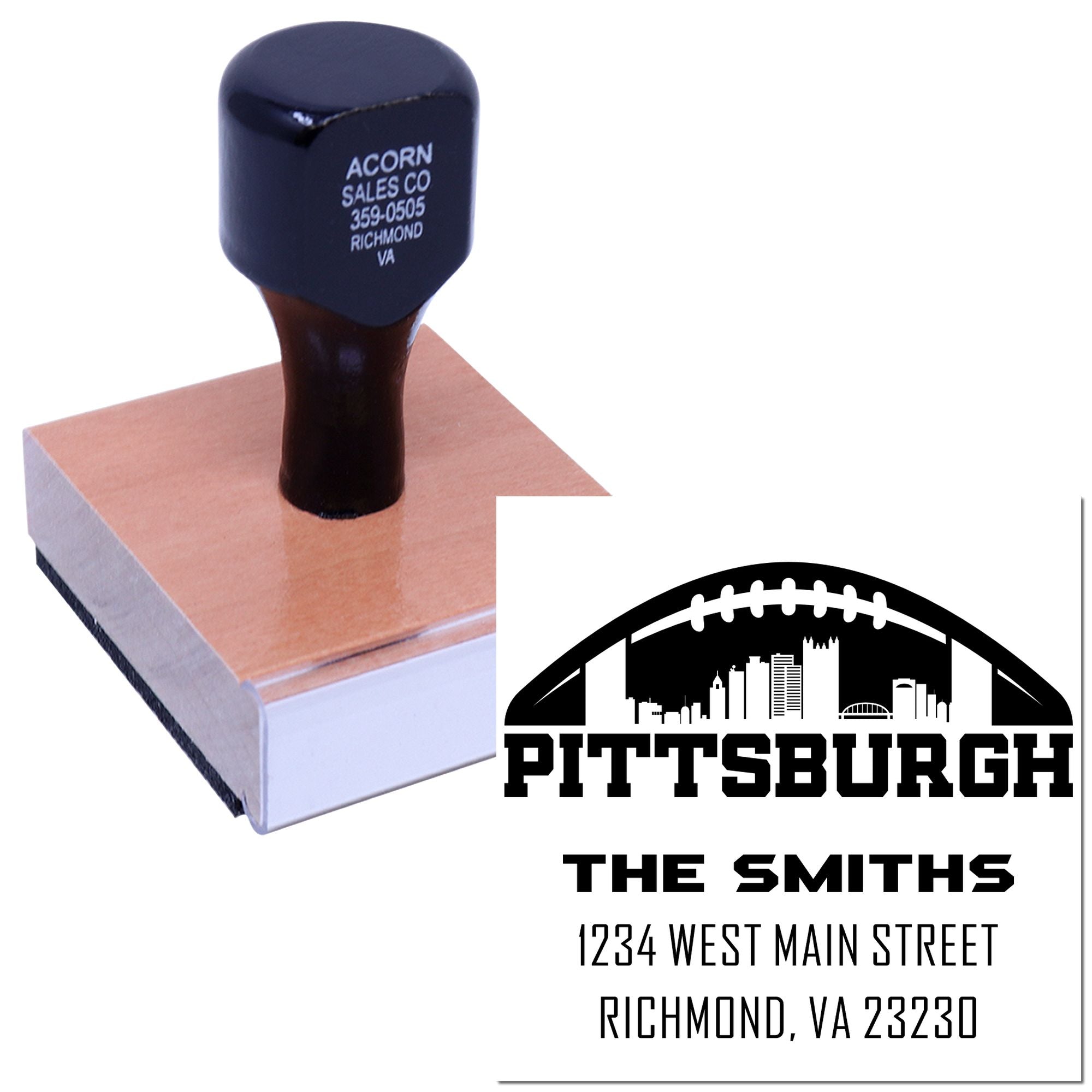 Custom rubber stamp with Pittsburgh skyline and The Smiths address, ideal for business branding and return-address stamping.