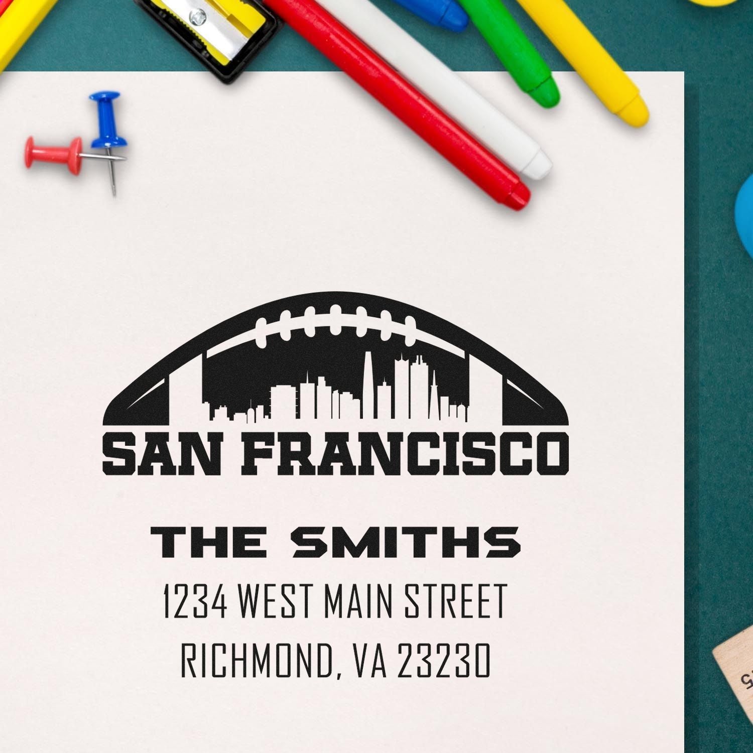 Custom return address rubber stamp for The Smiths with San Francisco football logo and Richmond, VA address.