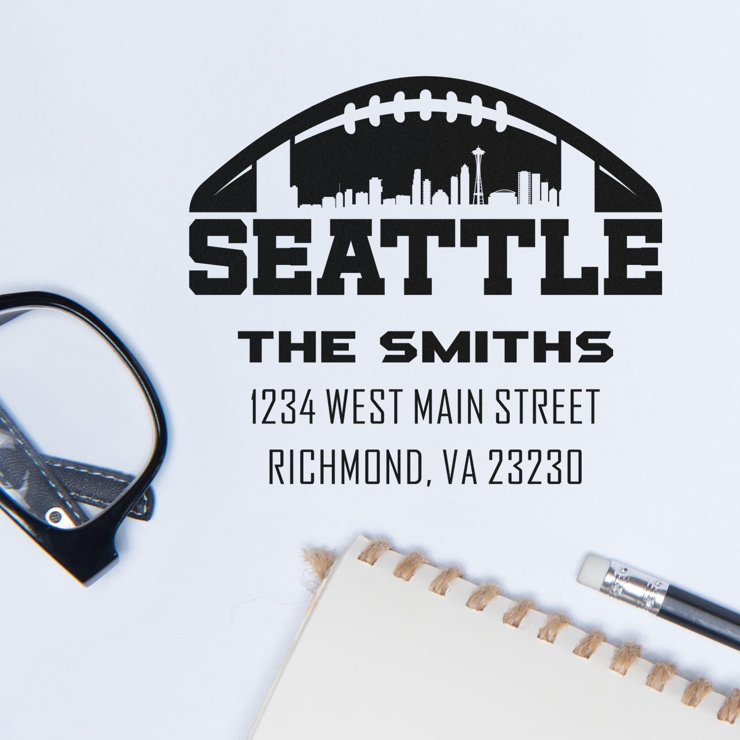 Custom Seattle skyline address rubber stamp for The Smiths, featuring name and return address for personalized mailing.
