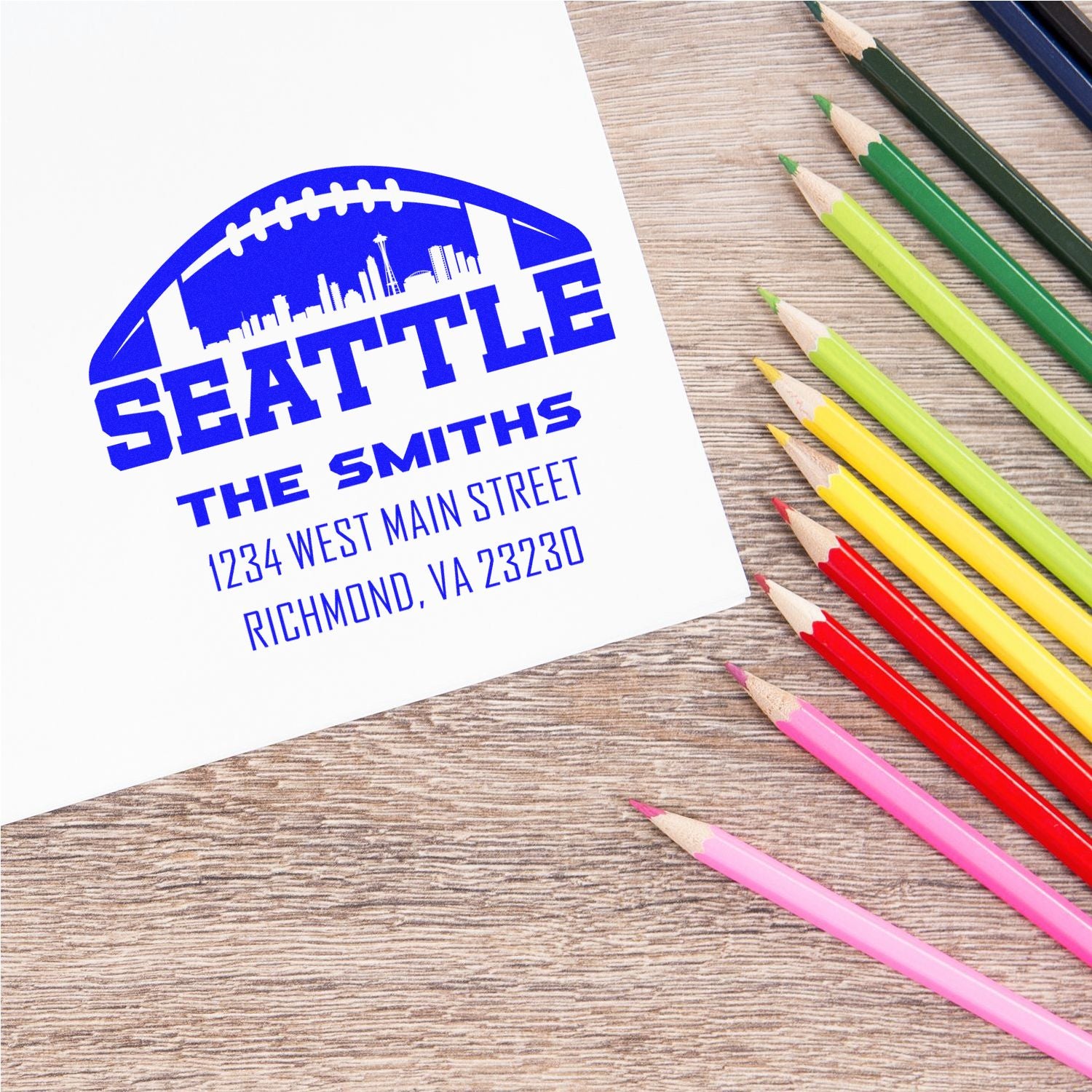 Personalized Seattle football return address rubber stamp featuring skyline logo and The Smiths address.