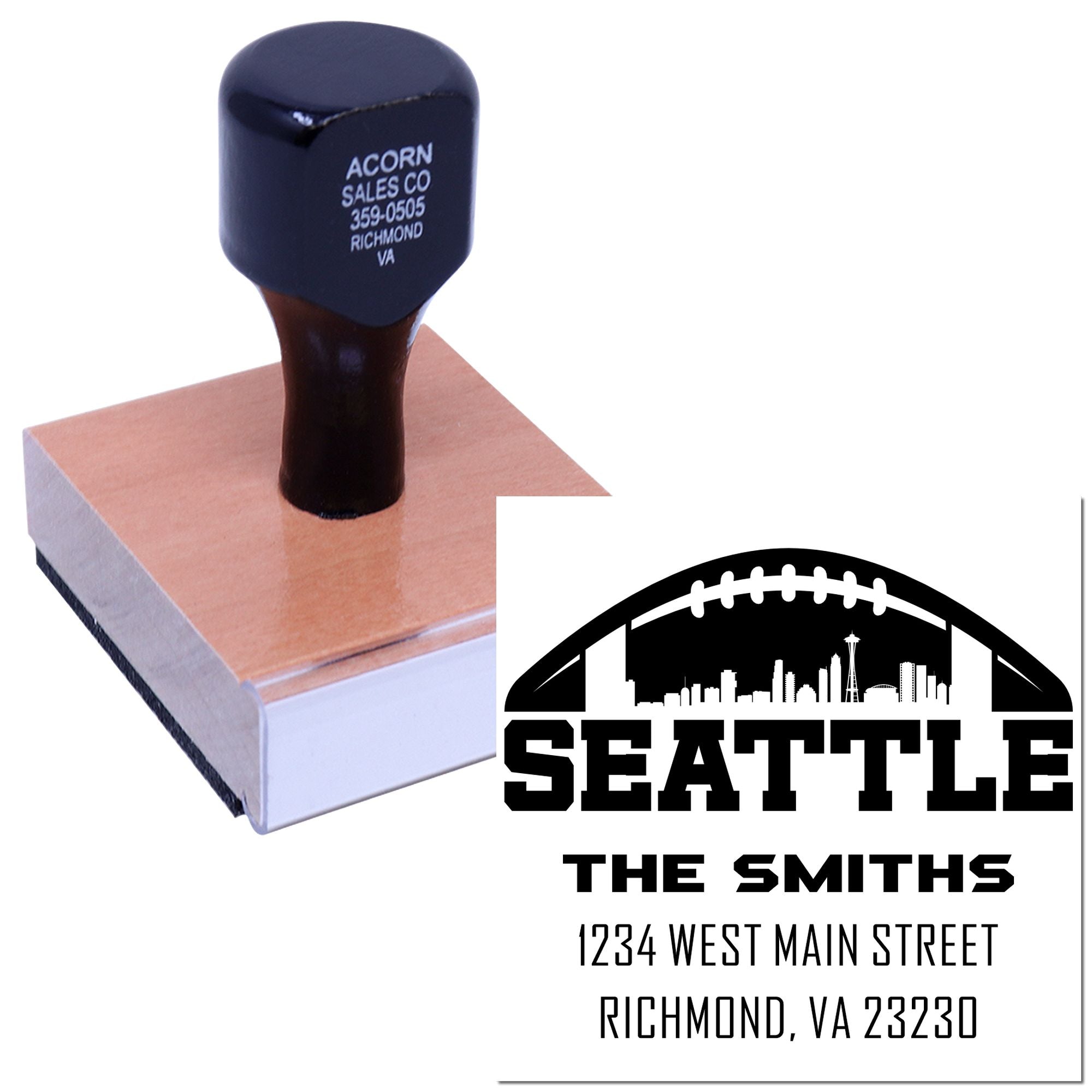 Custom address rubber stamp for The Smiths with Seattle football skyline and return address.