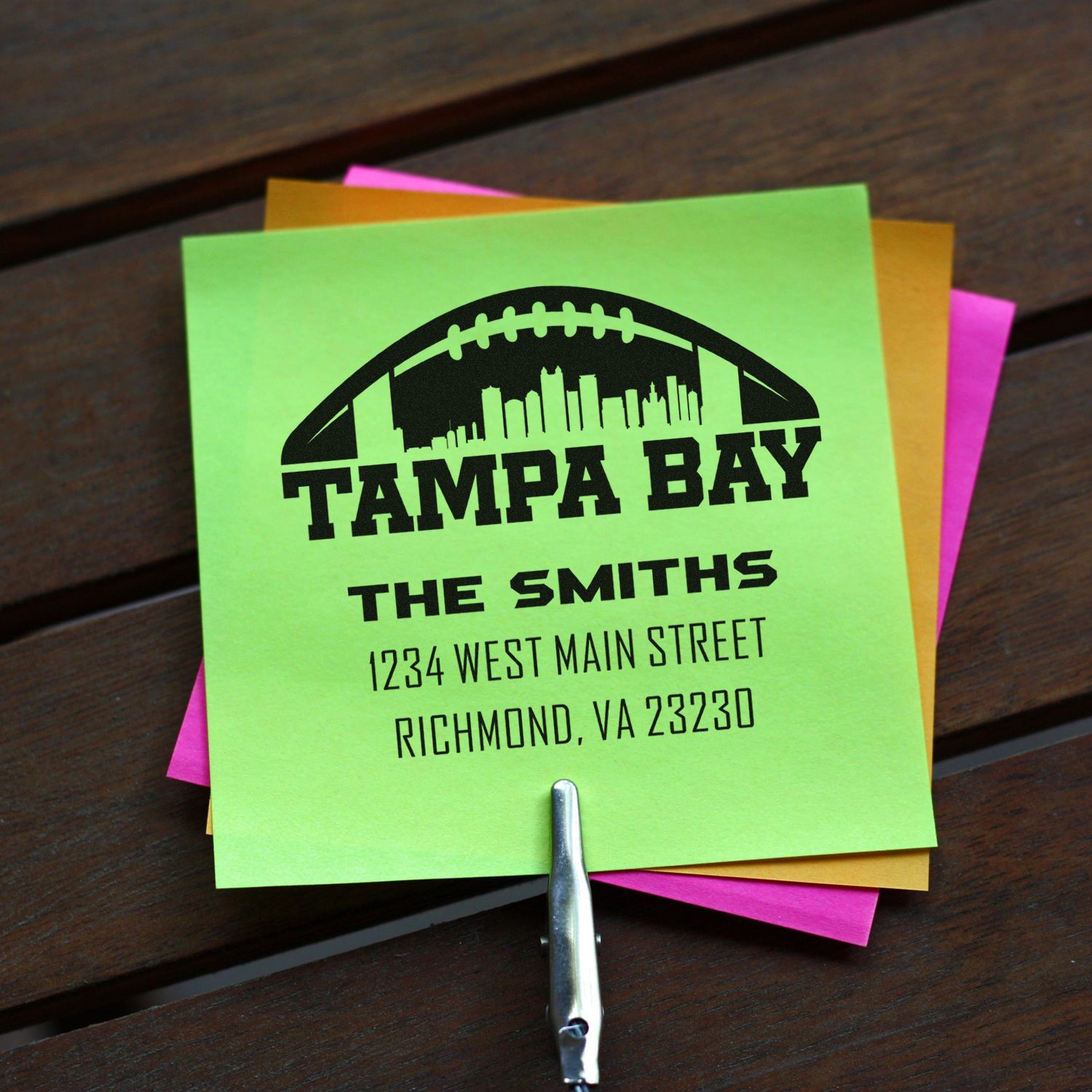 Custom Tampa Bay football address rubber stamp for The Smiths, 1234 West Main Street, Richmond, VA.
