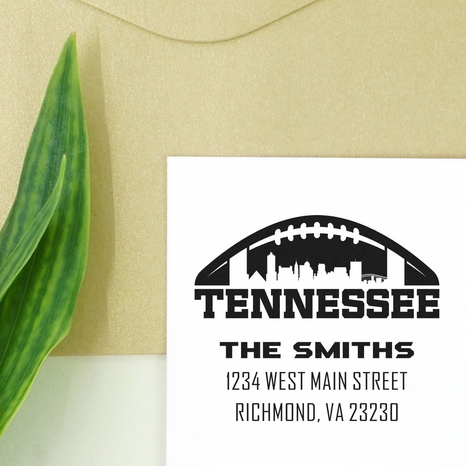 Custom Tennessee football address rubber stamp for The Smiths, featuring skyline design and Richmond, VA 23230 return address.