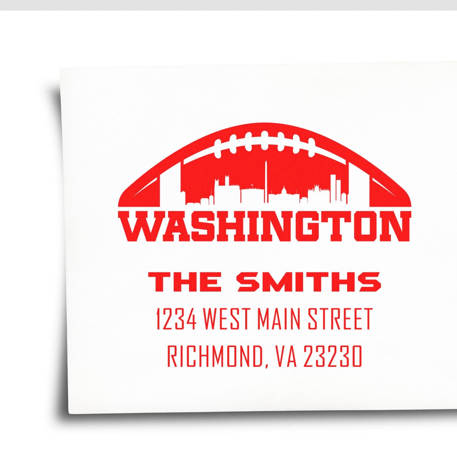 Custom football return address rubber stamp for The Smiths, featuring Washington skyline and Richmond, VA address.