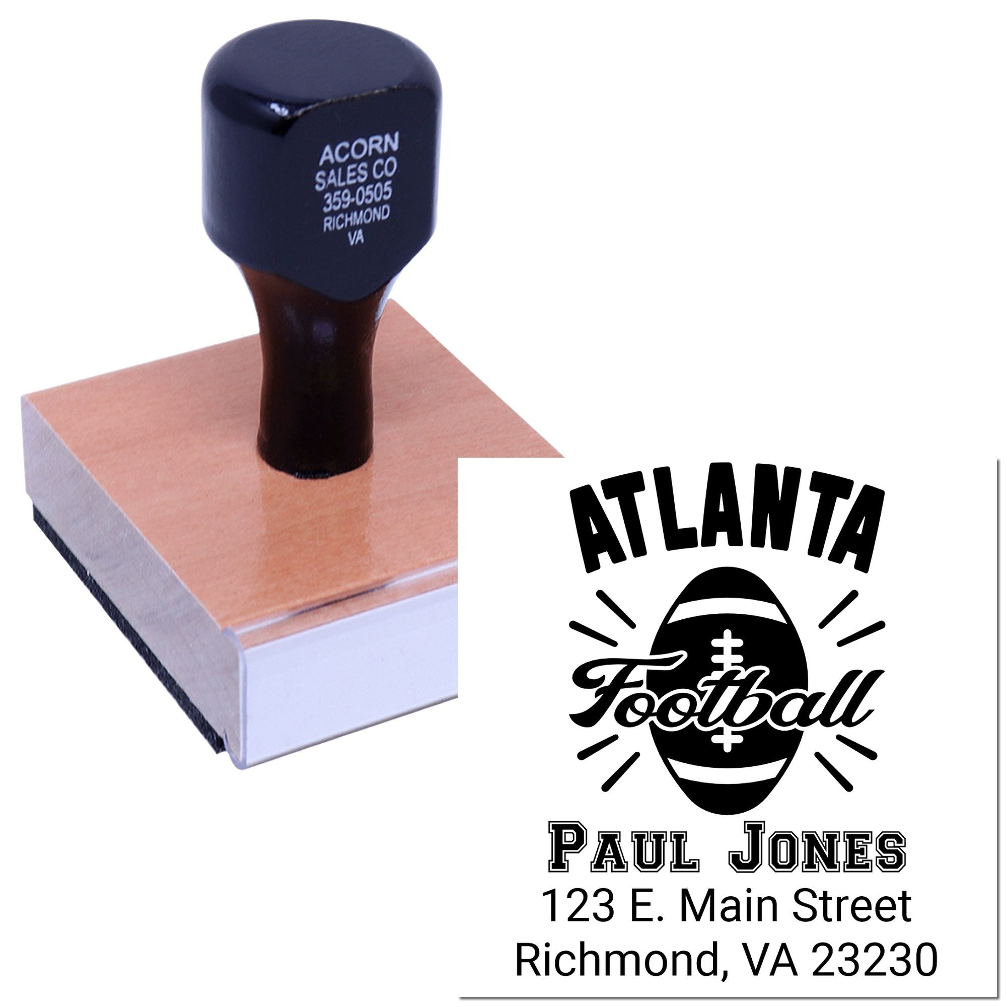 Custom rubber stamp with Atlanta Football logo, Paul Jones name, and Richmond VA address for personalized sports branding.