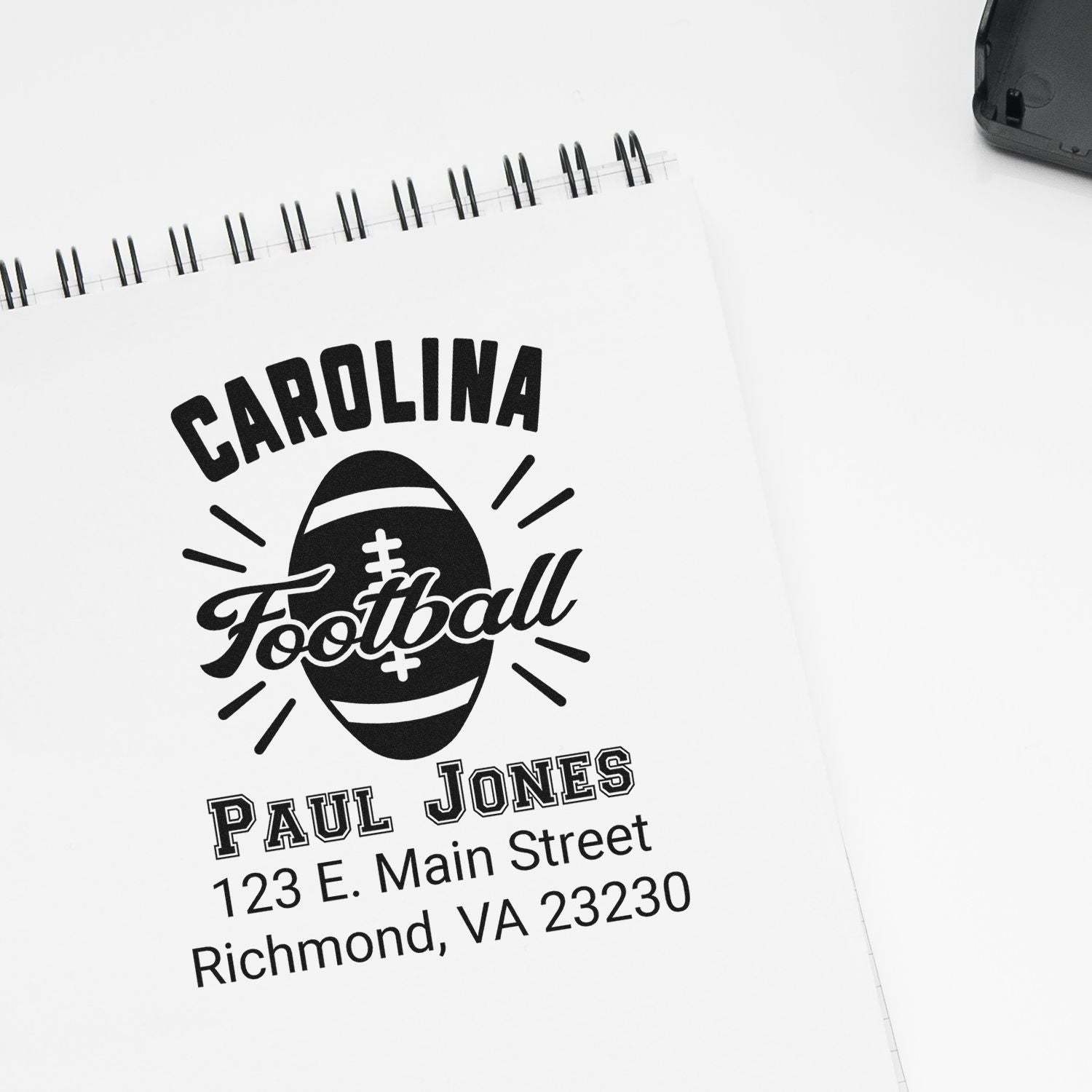 Custom Carolina Football rubber stamp design with Paul Jones address, Richmond, VA 23230, for branded stationery and team mailings.