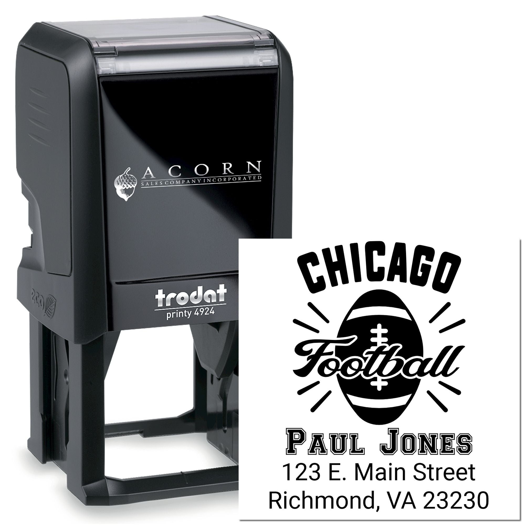 Custom self-inking rubber stamp for Chicago Football, with Paul Jones name and Richmond, VA address for mailing or branding.