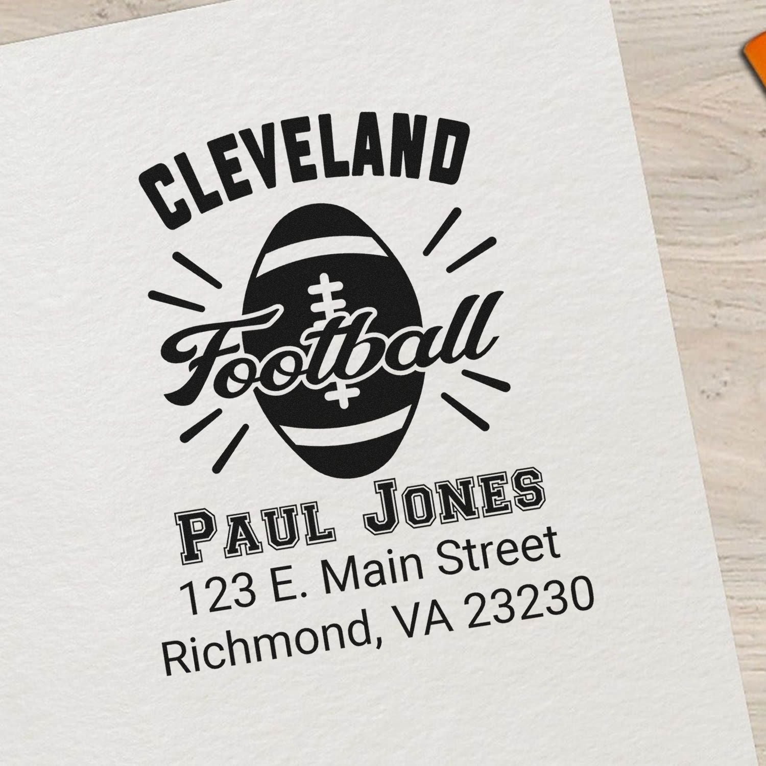 Custom Cleveland Football rubber stamp with Paul Jones return address and Richmond, VA address for personalized mailing labels.