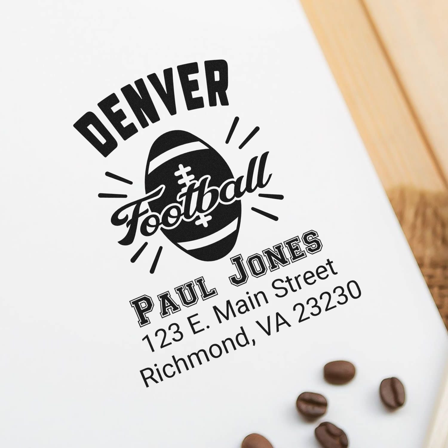 Custom Denver Football personalized address rubber stamp with Paul Jones and Richmond, VA mailing details.