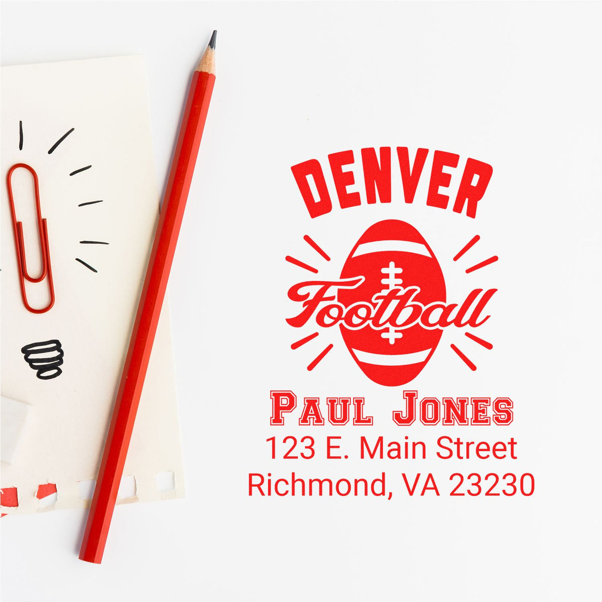 Custom Denver Football return address stamp mockup with Paul Jones and Richmond, VA address for stationery.
