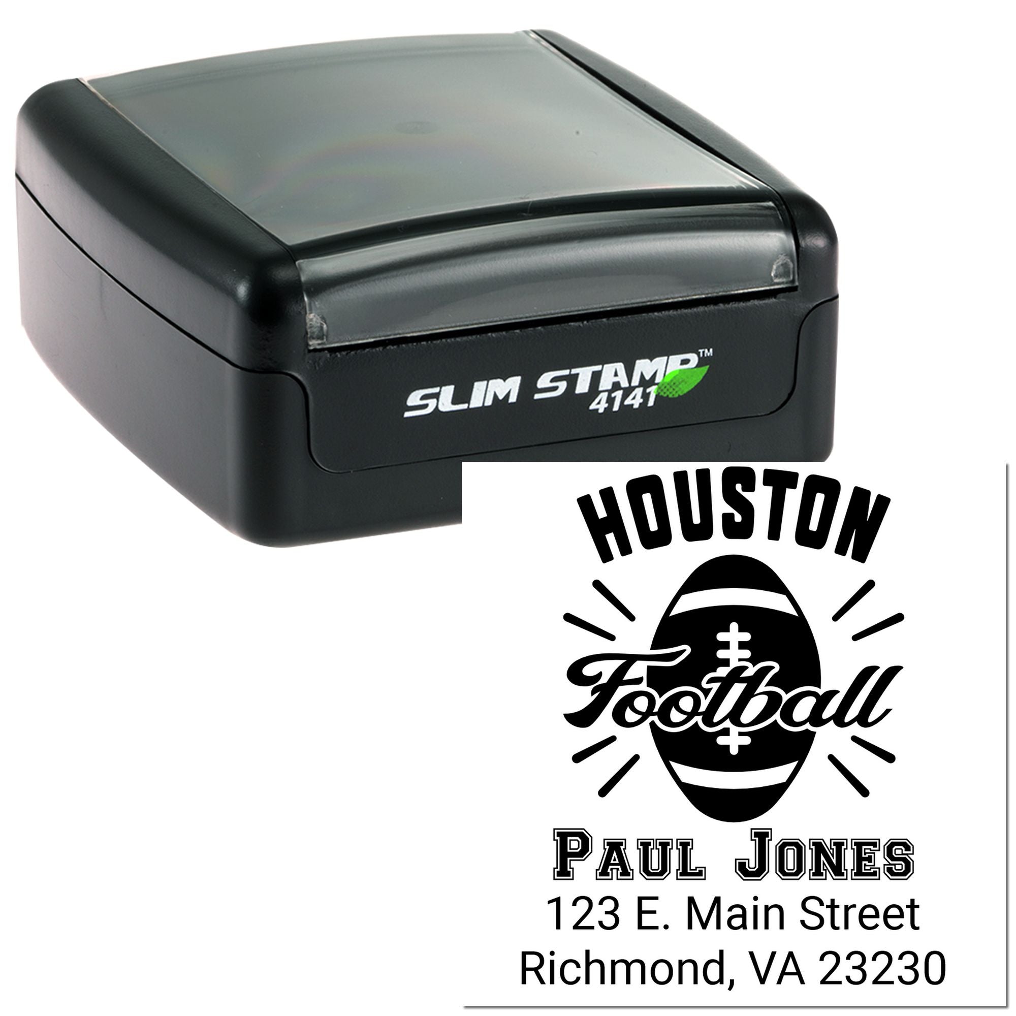 Personalized Houston football return address rubber stamp with Paul Jones name and Richmond, VA address, Slim Stamp 4141.