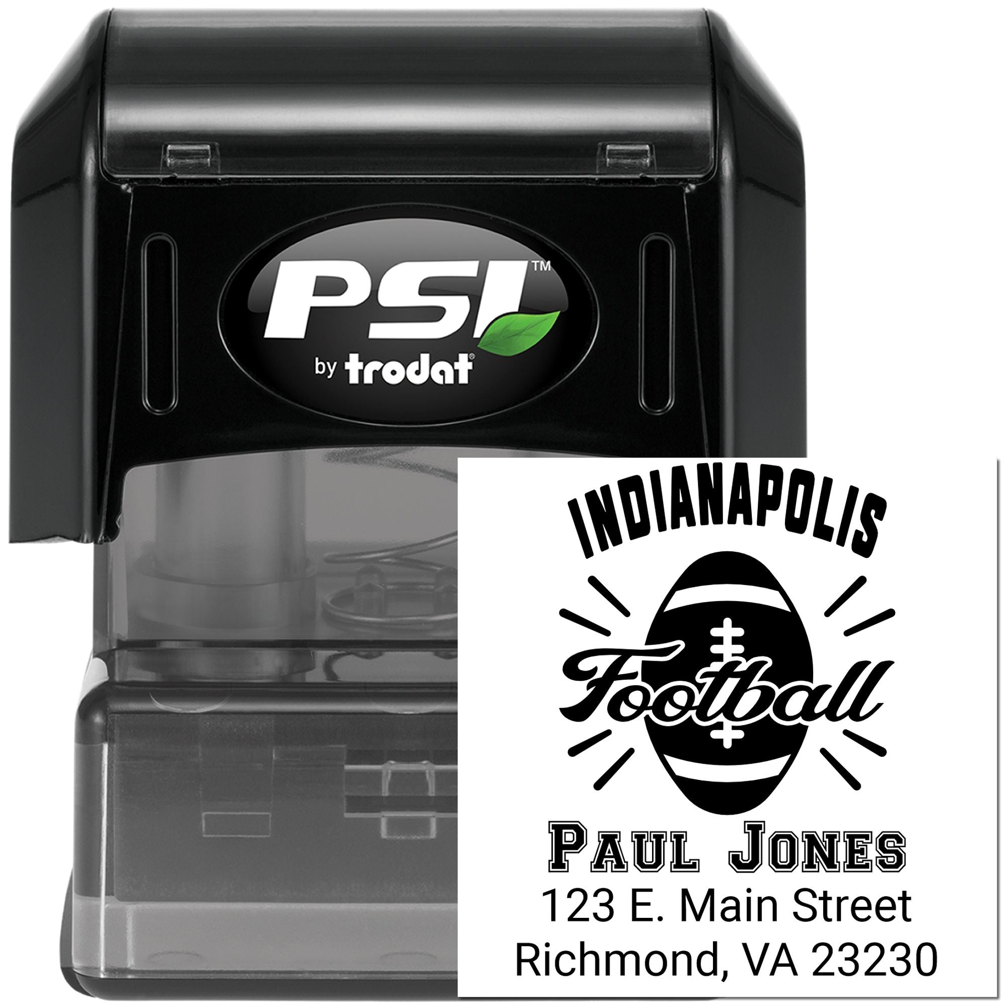 PSI by Trodat custom self-inking rubber stamp with Indianapolis Football design, Paul Jones name, and Richmond, VA address