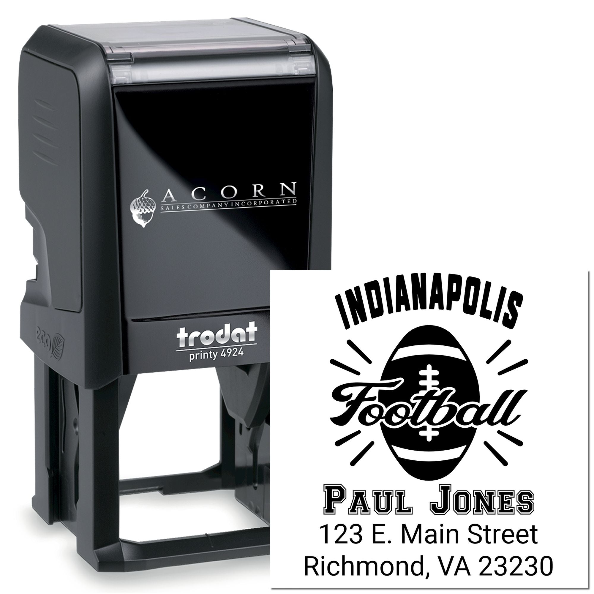 Custom self-inking football rubber stamp with Indianapolis design, Paul Jones name, and Richmond, VA address.