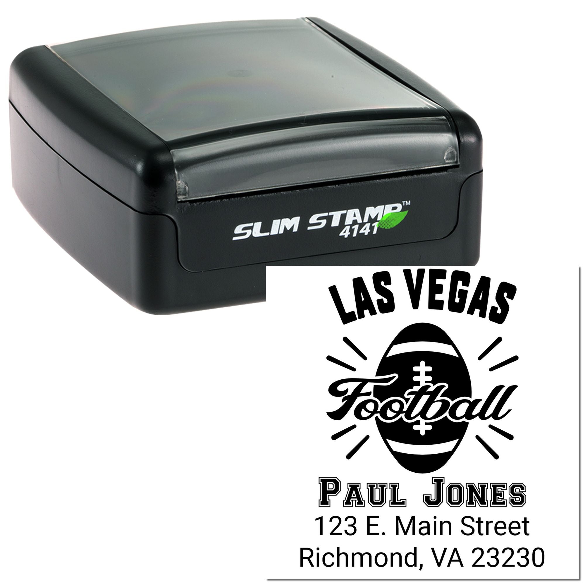 Custom self-inking rubber stamp with football design, Las Vegas text, and Paul Jones Richmond, VA address.