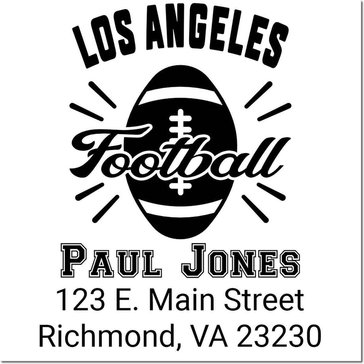 Custom Los Angeles football rubber stamp for Paul Jones with name and Richmond, VA return address.