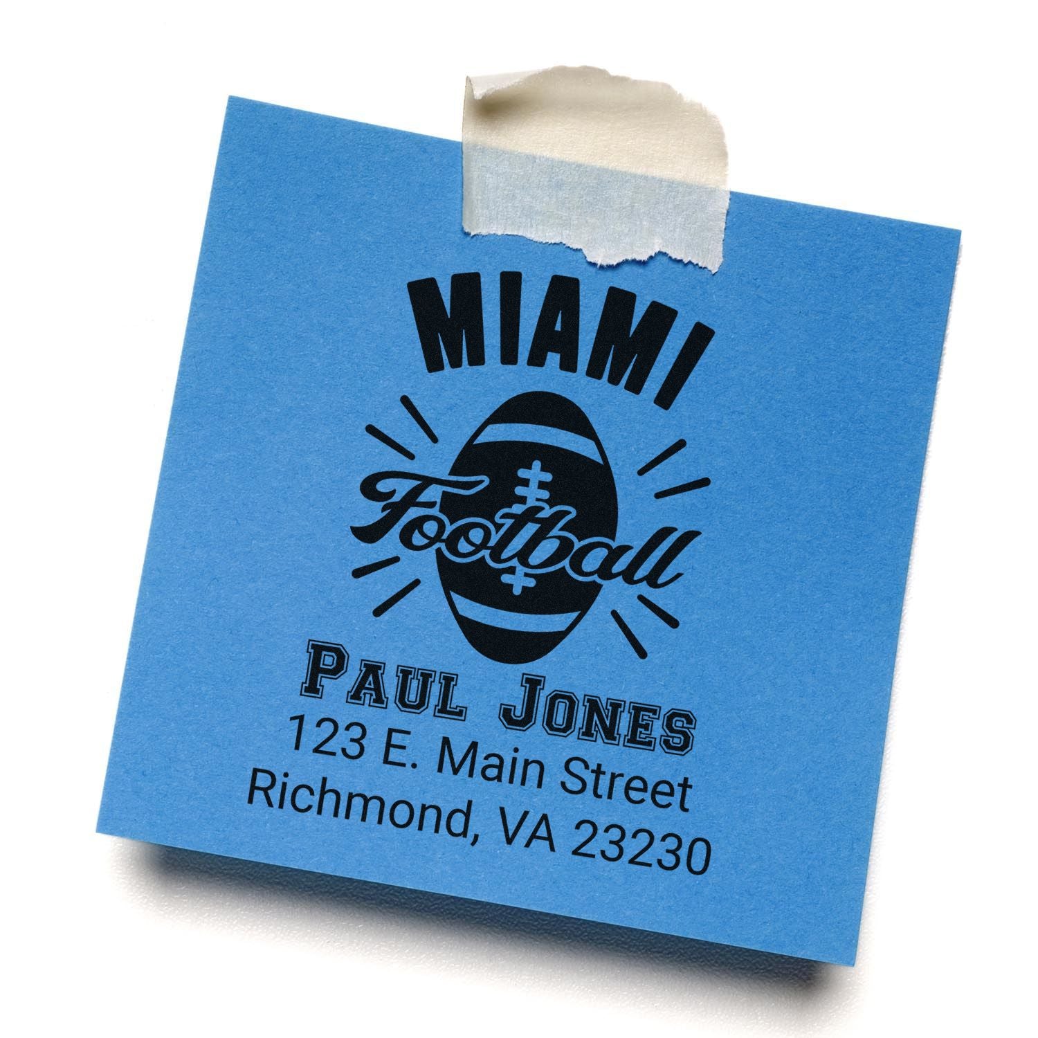 Custom Miami Football return address rubber stamp sample with Paul Jones address
