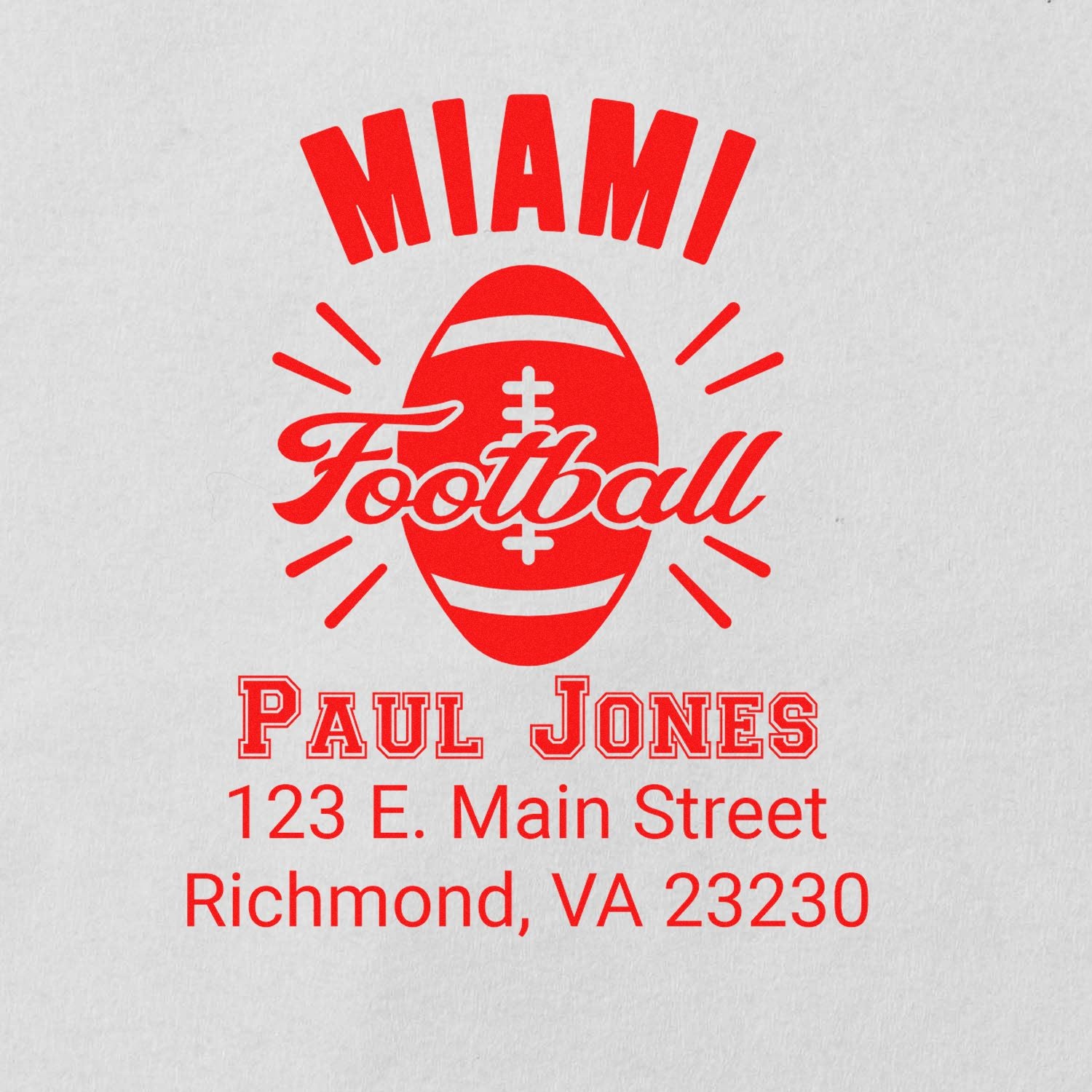 Custom Miami Football rubber stamp with Paul Jones name and Richmond, VA address for personalized sports branding.