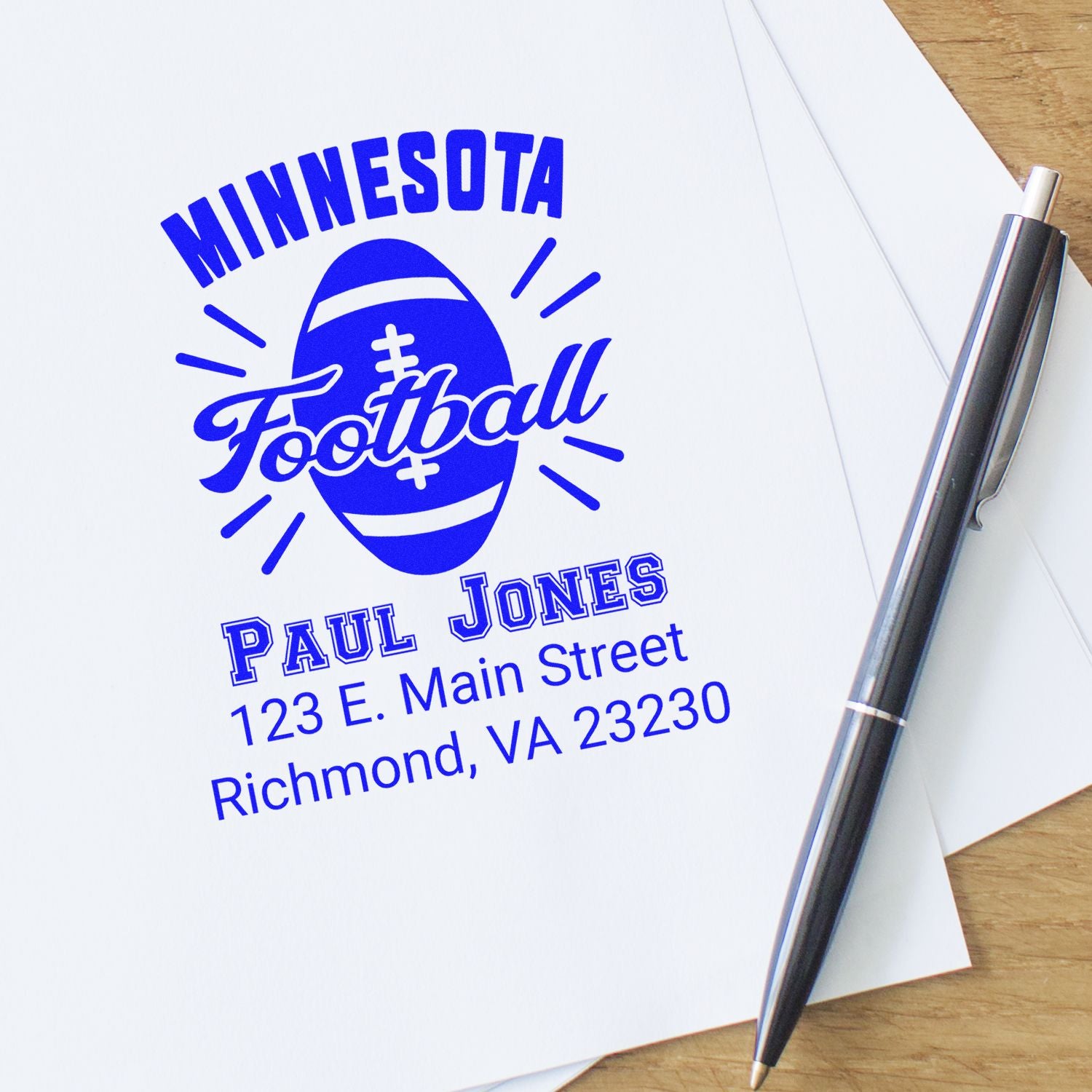 Custom Minnesota Football rubber stamp with name and address for Paul Jones, Richmond, VA.