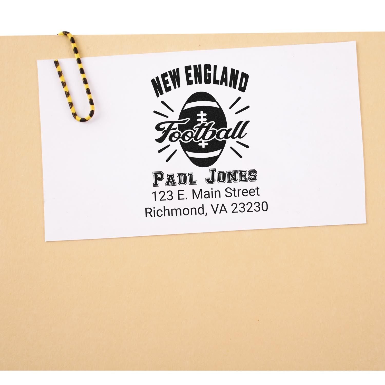 Custom New England Football return address rubber stamp for Paul Jones, 123 E. Main Street, Richmond, VA 23230.